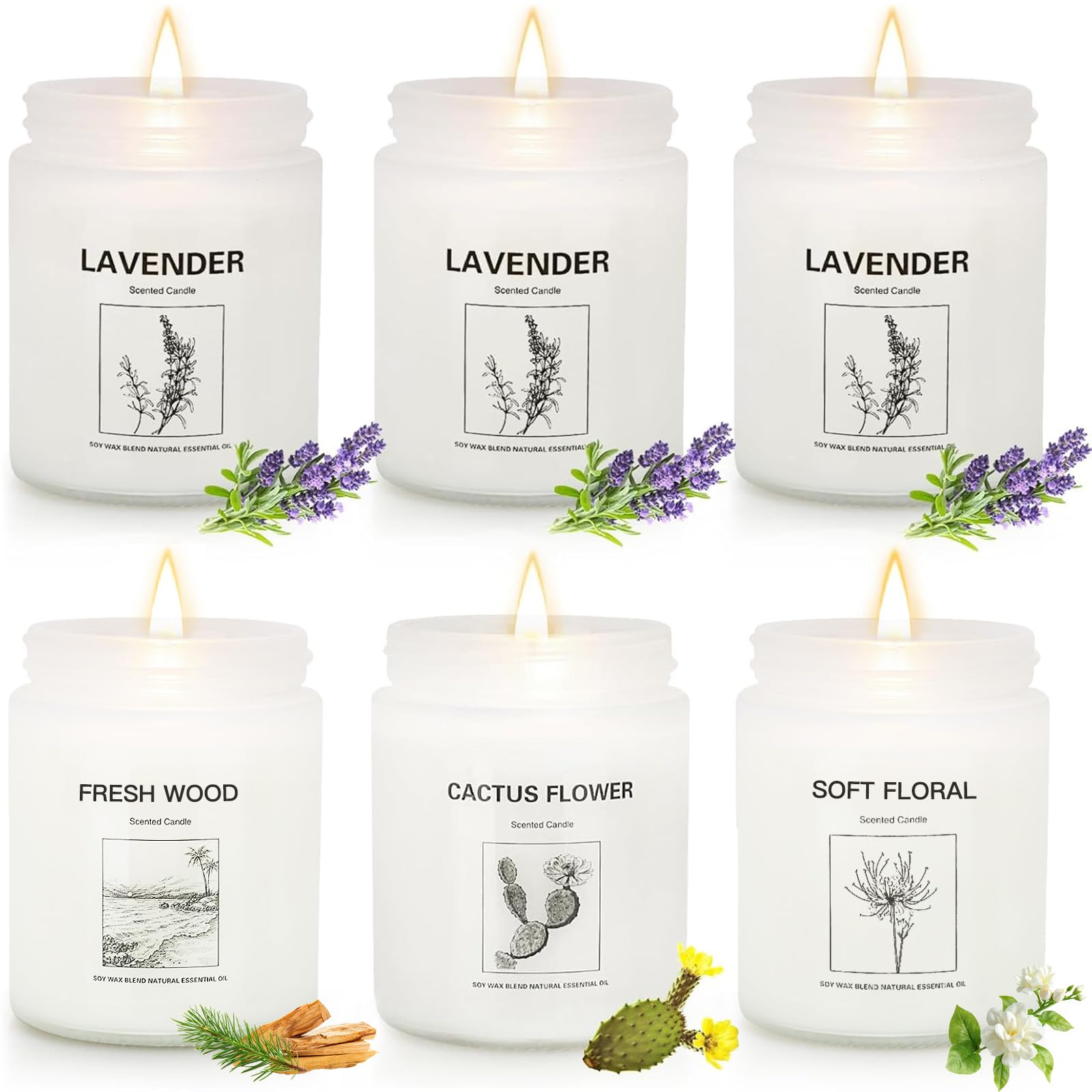 Scented Candle Gift Set, 6 Pack Lavender & Fresh Wood Soy Candles for Home, Long Lasting Aromatherapy Candles for Relaxation, Ho