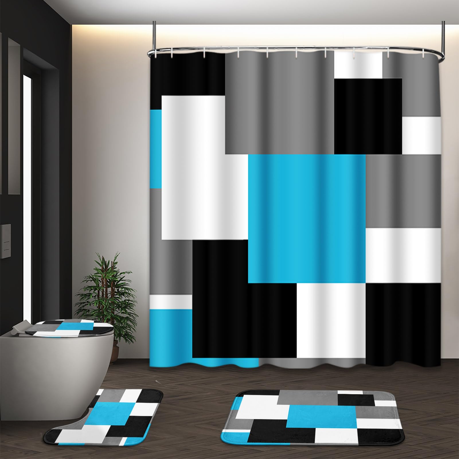 Tayney Blue Geometric Shower Curtain Set With Toilet Lid Cover And Non-Slip Rugs, Black White Grey Checkered 4 Pcs Modern Abstra