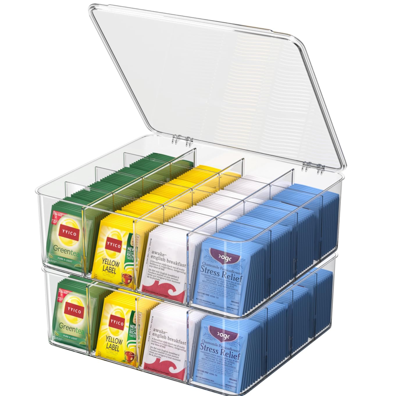 YYICO Tea Bag Organizer with Lid: Plastic Storage Bin  16 Compartments with Removable Dividers, Stackable Pantry Storage Box fo
