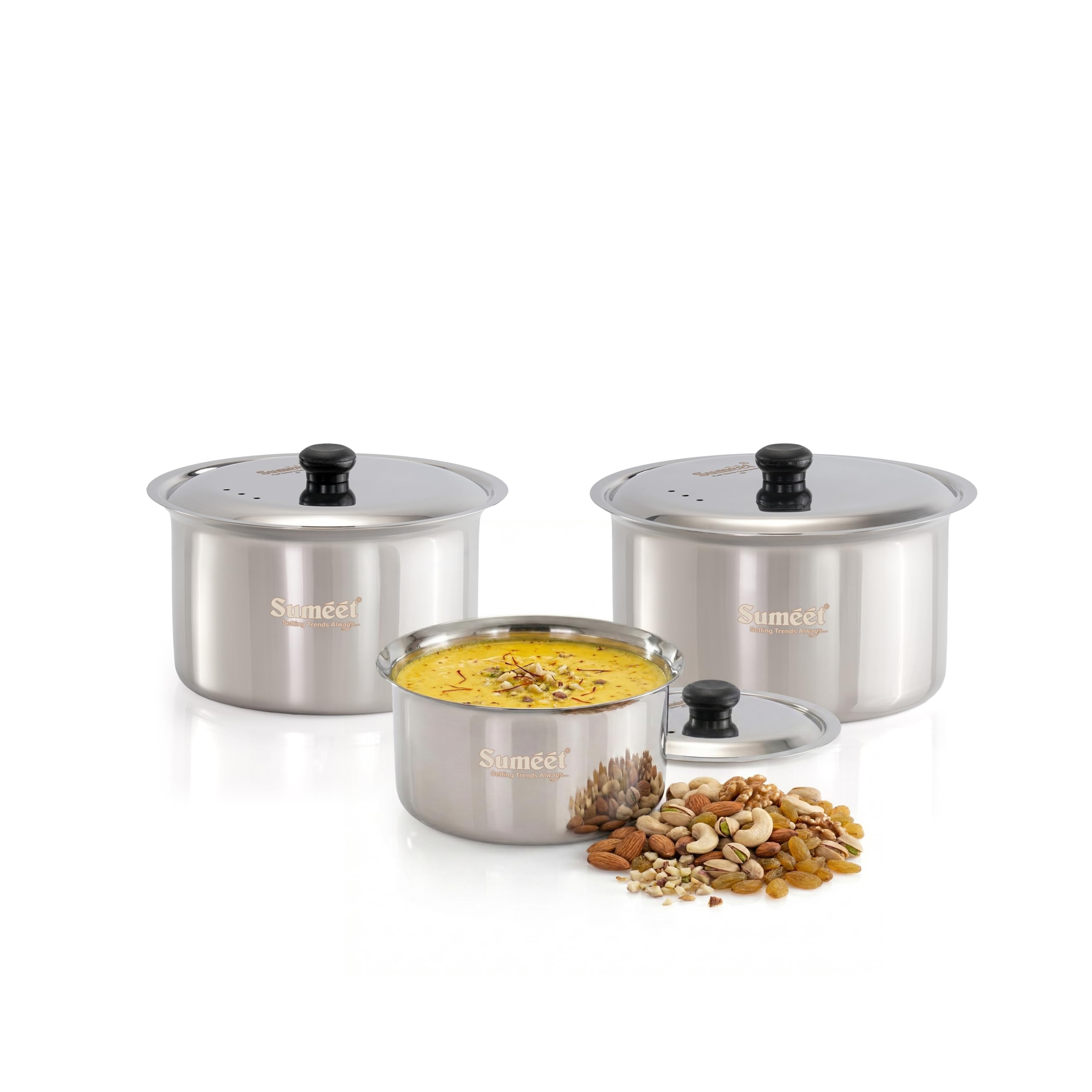 Sumeet ISI Certified HeavyPly enhanced Stainless Steel Cross Edge Induction & Gas Stove Friendly Patila Bhagona Container Tope Cookware Set of 3 Pcs with Lids - 1900ml   2500ml   3000ml 