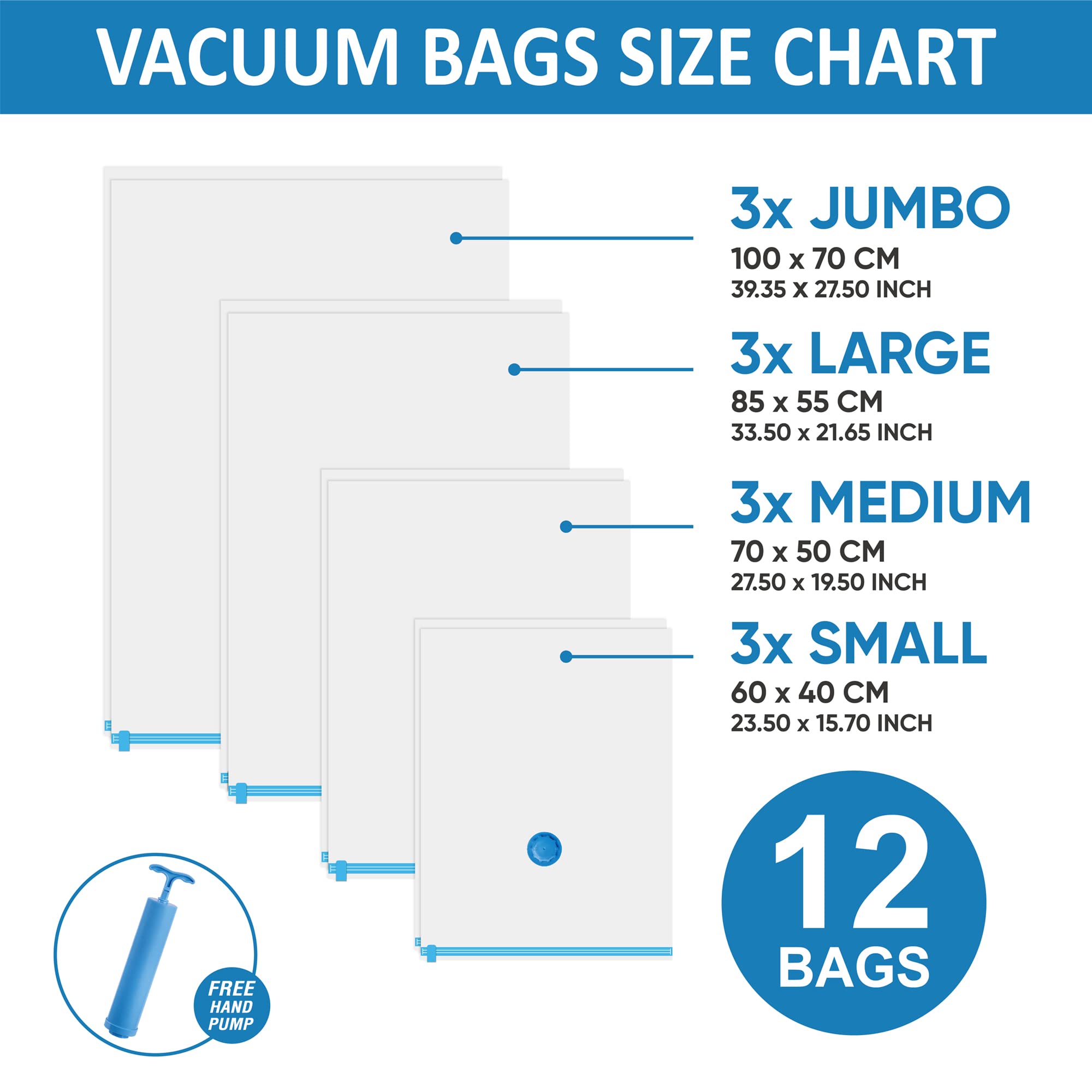 12 Space Saver Vacuum Storage Bags  Vacuum Sealed Storage Bags (3 Jumbo/3 Large/3 Medium/3 Small) with Hand Pump  Vacuum Seal Bags for Clothing  Comforters  Pillows  Towel  Blanket Storage  Bedding