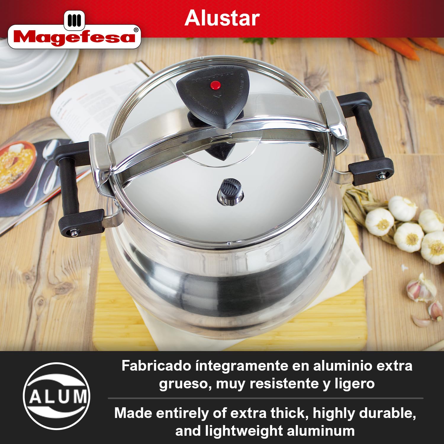 Magefesa Alustar 23.2 Quart Pressure Cooker, recommended use for professionals, made of extra thick aluminum, express, has a The
