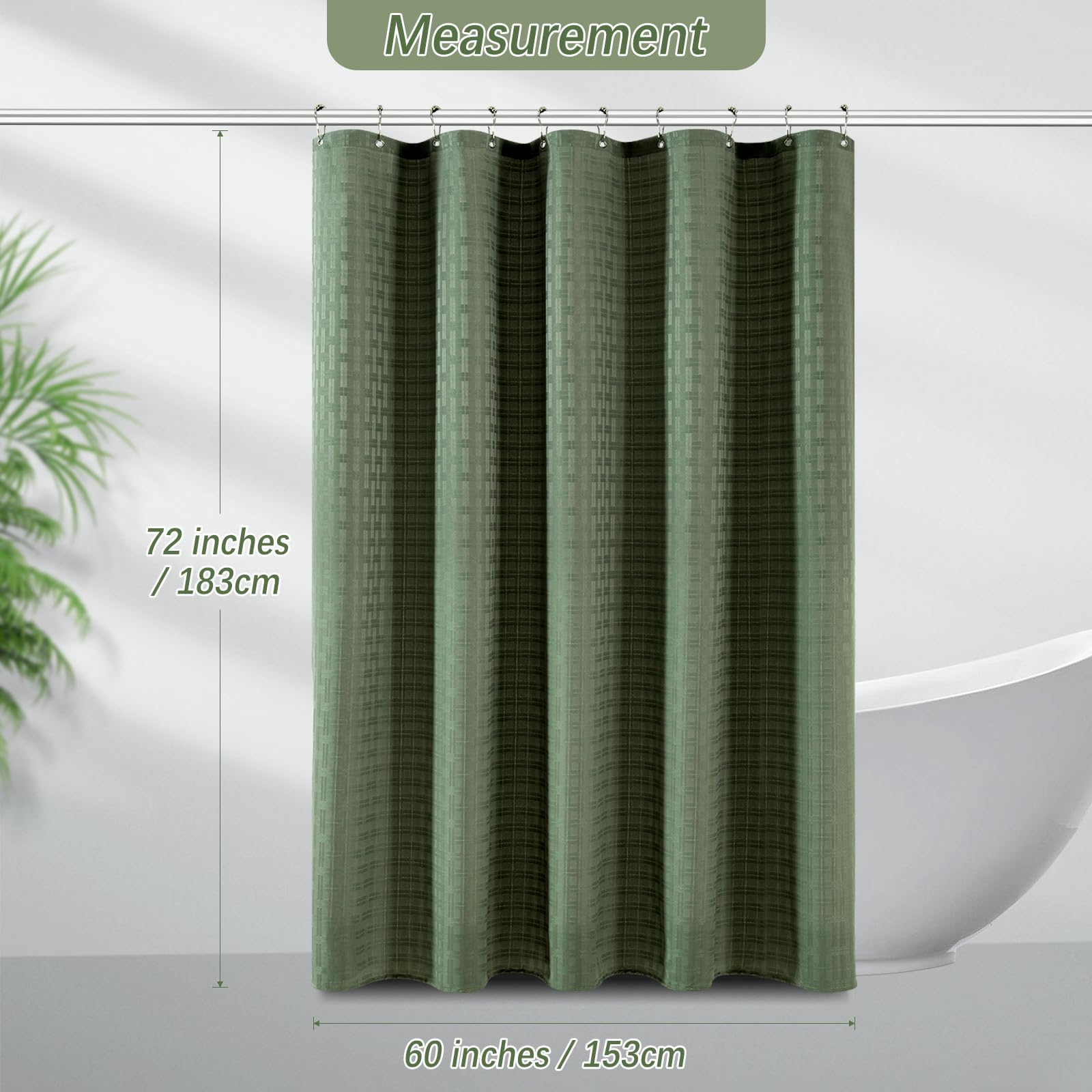 Pangsinne 60 Inch Shower Curtain - Heavy Duty Thick Fabric Green Shower Curtains For Bathroom, Weighted Hotel Spa Luxury Water R