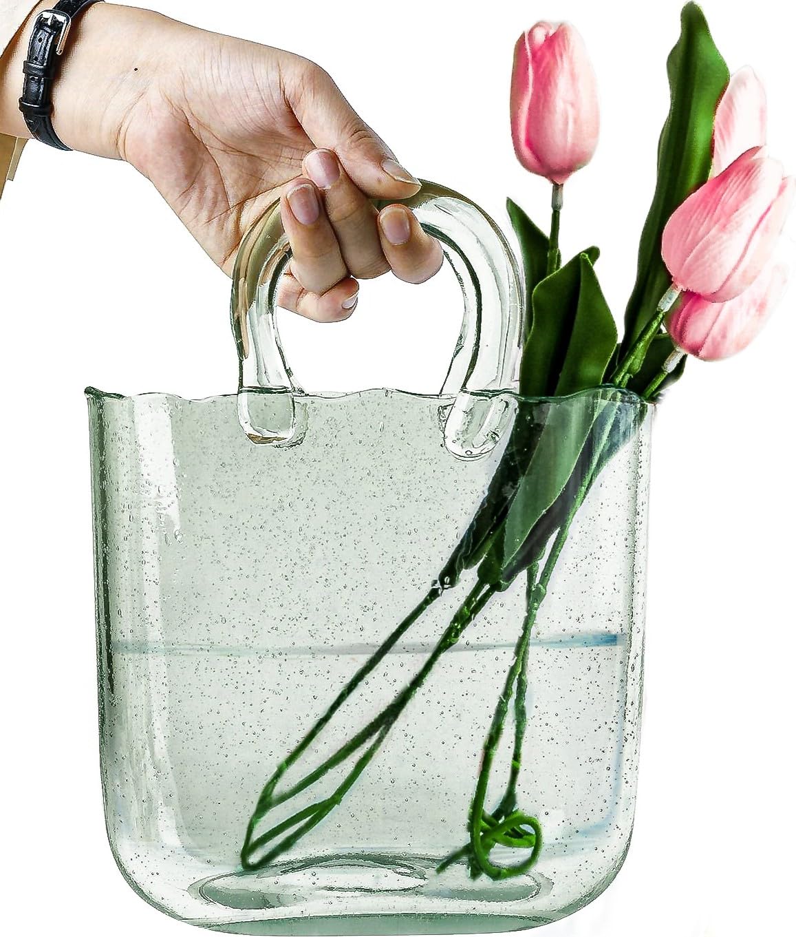 OLEEK purse vase for flowers (handmade) Glass Purse for Drinks -10Inche- Clear, cool & cute vase for centerpieces & Fish bowl - 