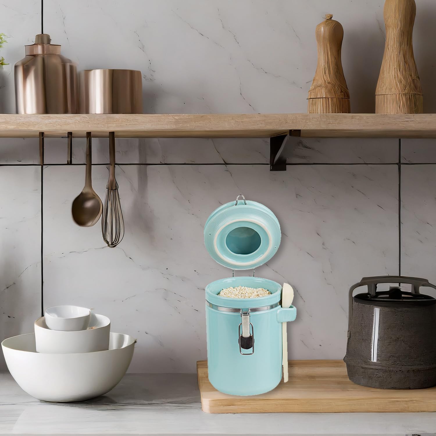 Canister Sets For The Kitchen (4 Piece) Turquoise, High Gloss Ceramic | By Home Basics | Decorative Set | With Wooden Spoons, Co