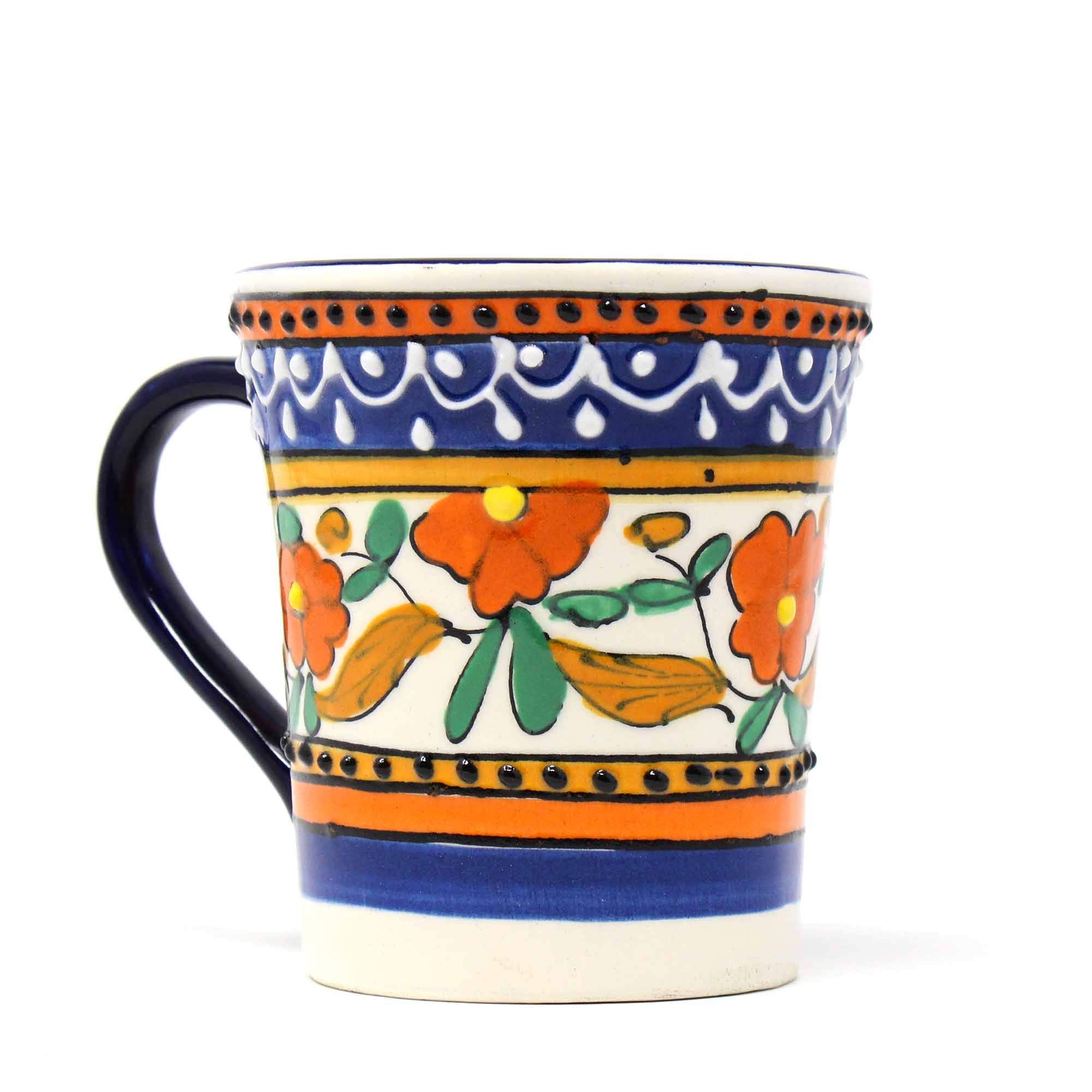 Global Crafts Mexican Pottery Mugs  Handmade Ceramic Mug  HandPainted Orange Flower, Floral