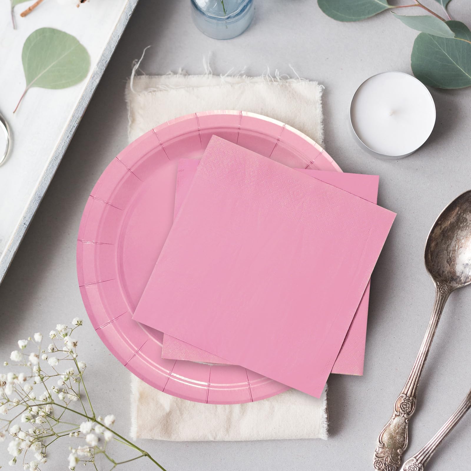 Whaline 100Pcs Valentine'S Day Light Pink Tableware Set Wedding Disposable Dinnerware Set 50Pcs Paper Plates 25Pcs Napkins 25Pcs