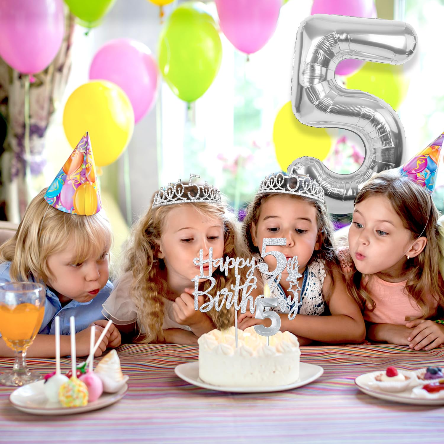 5th Birthday Decorations for Girls Silver with 5th Birthday Sash and Tiara, Cake Topper and Candle, Silver Number Balloon, 5 Yea