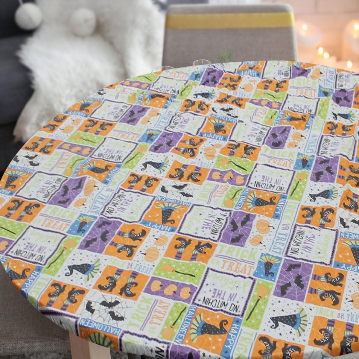 Covers For The Home Deluxe Elastic Edged Flannel Backed Vinyl Fitted Table Cover - Halloween Witchy Patchwork- Small Round Oblon