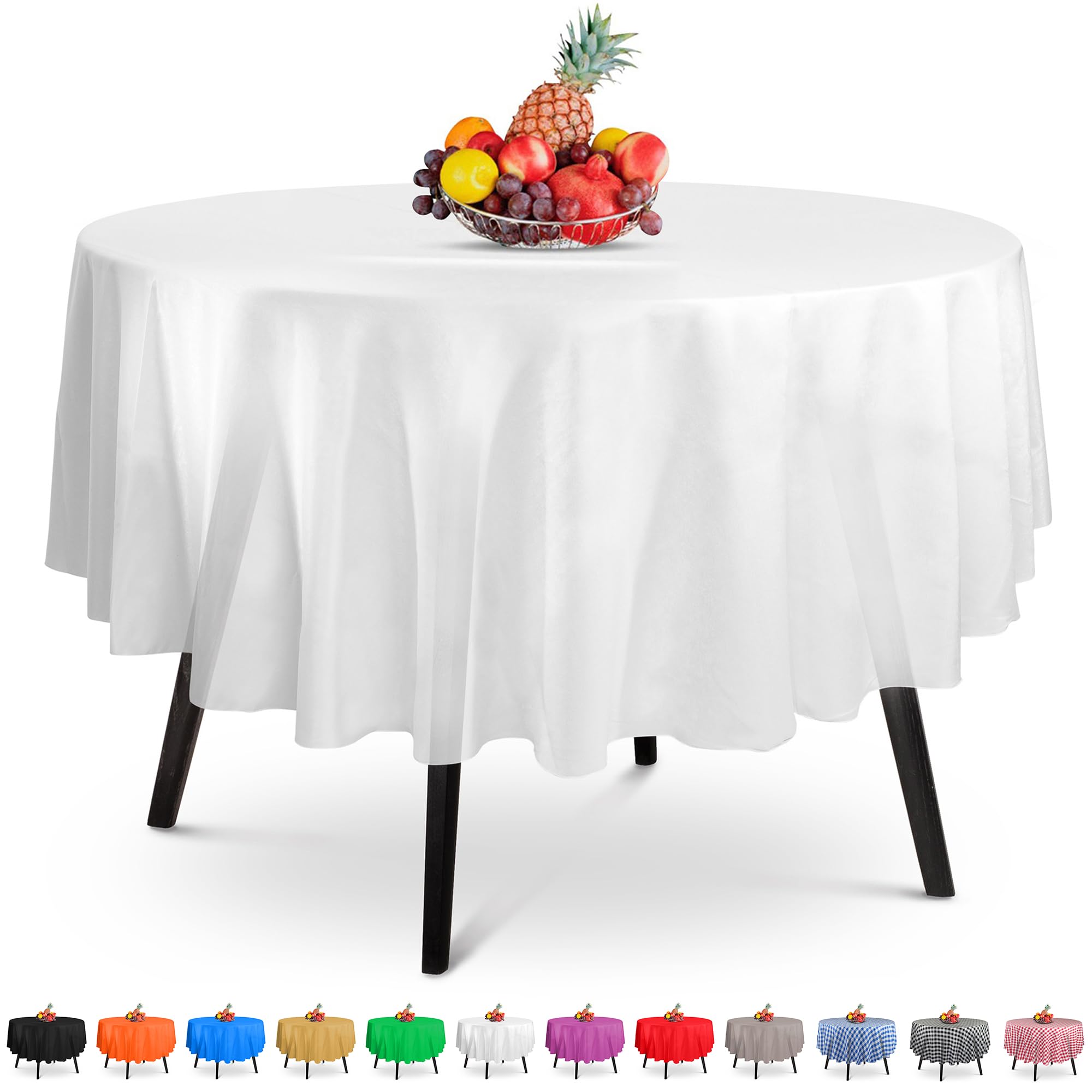 14 Pack Premium Round White Plastic Tablecloth - 84 X 84 In. Disposable Round Plastic Table Cloth - Decorative Round Table Cover