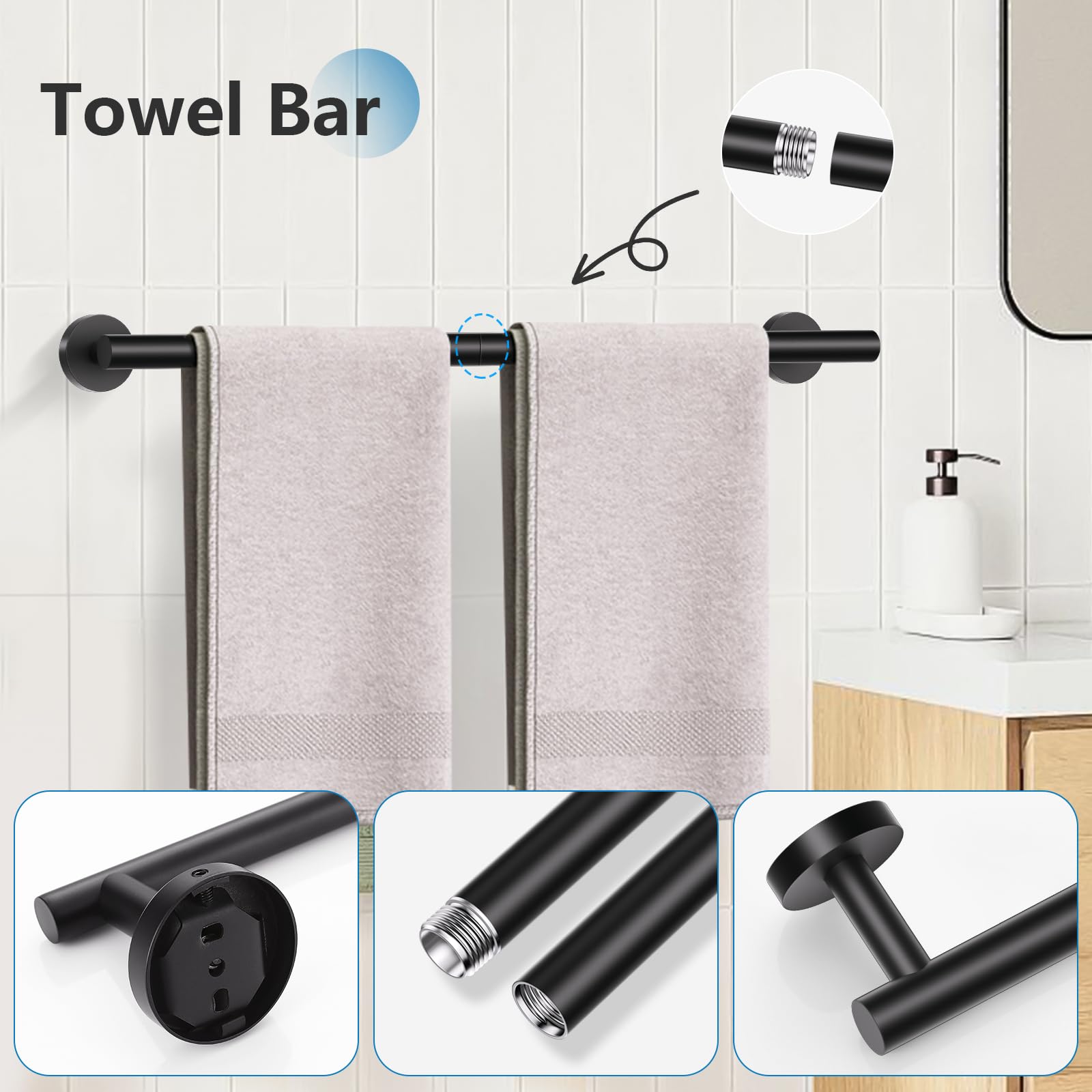 Tnoms 5 Pieces Towel Bar Set Matte Black Bathroom Hardware Set Upgraded Toilet Paper Holder With Shelf Towel Rail Set For Bathro