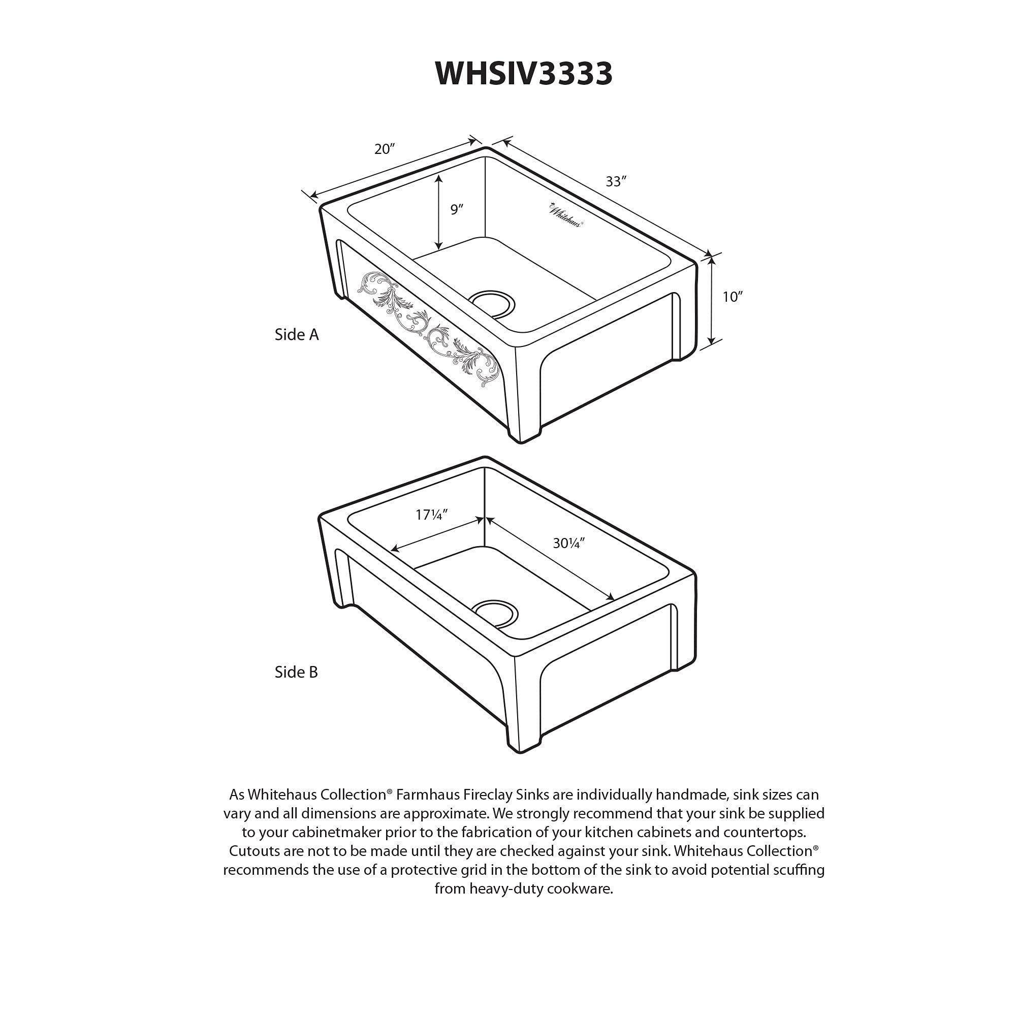 Whitehaus Collection Fireclay Kitchen Sink, Front Apron, Large, White, Model WHSIV3333-WHITE