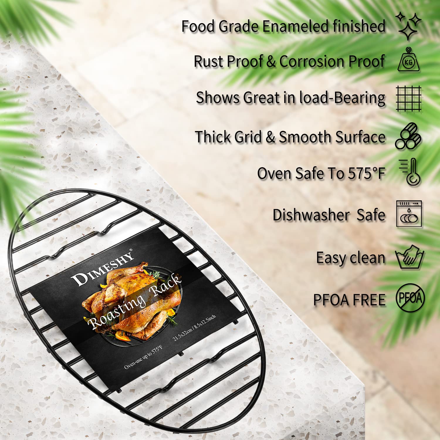 Dimeshy Roasting Rack, Black With Integrated Feet, Enamel Finished, Nonstick, Fit For 15 Inches Oval Roasting Pan, Safety, Dishw