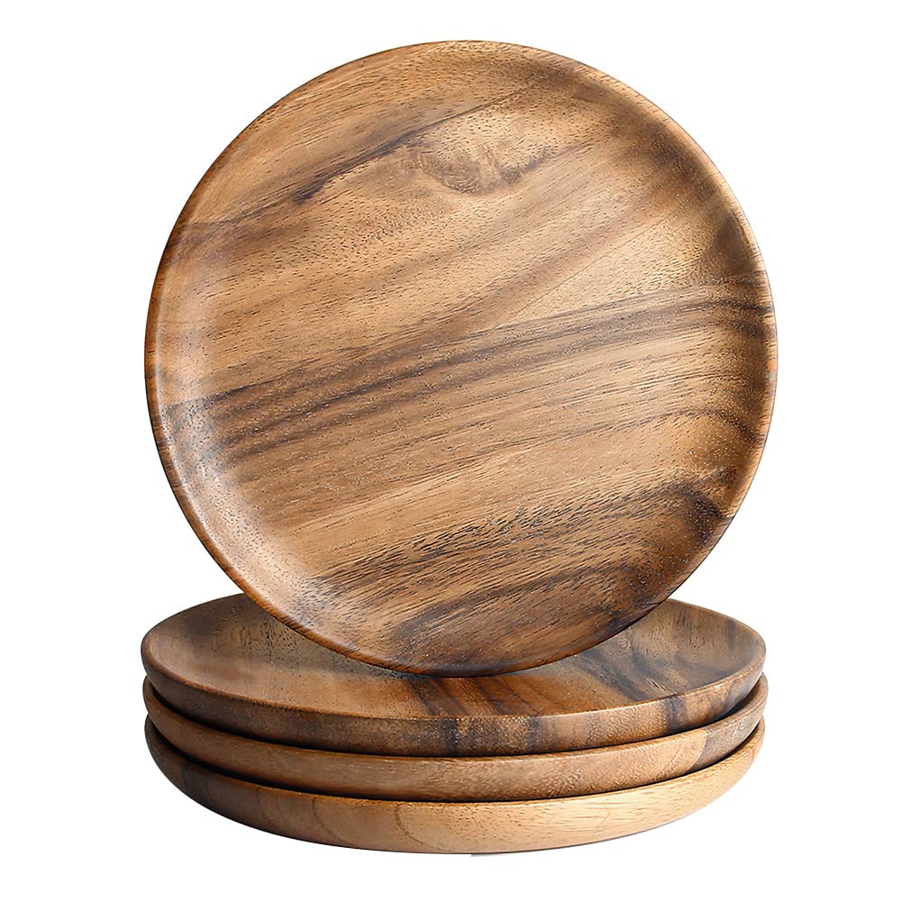 Iqcwood Wooden Dinner Plates, 6 Inch Round Wood Plates Set Of 4, Acacia Wooden Plates Round Tray Easy Cleaning Serving Platter F