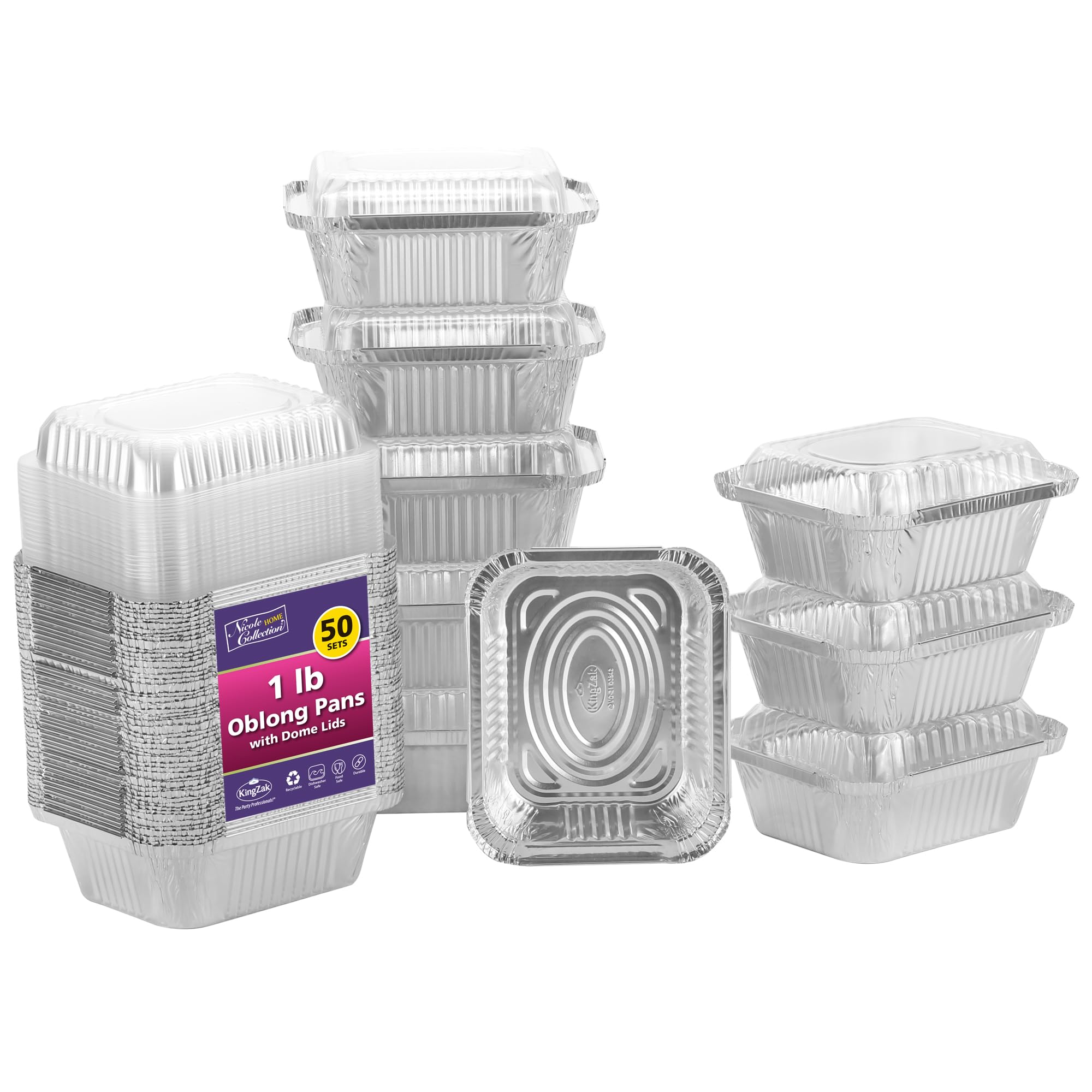 Aluminum Pans With Plastic Dome Lids - 50 Count - 1LB Oblong Pans (5x4)- To Go Containers With Lids - Disposable Tin Foil Pans -
