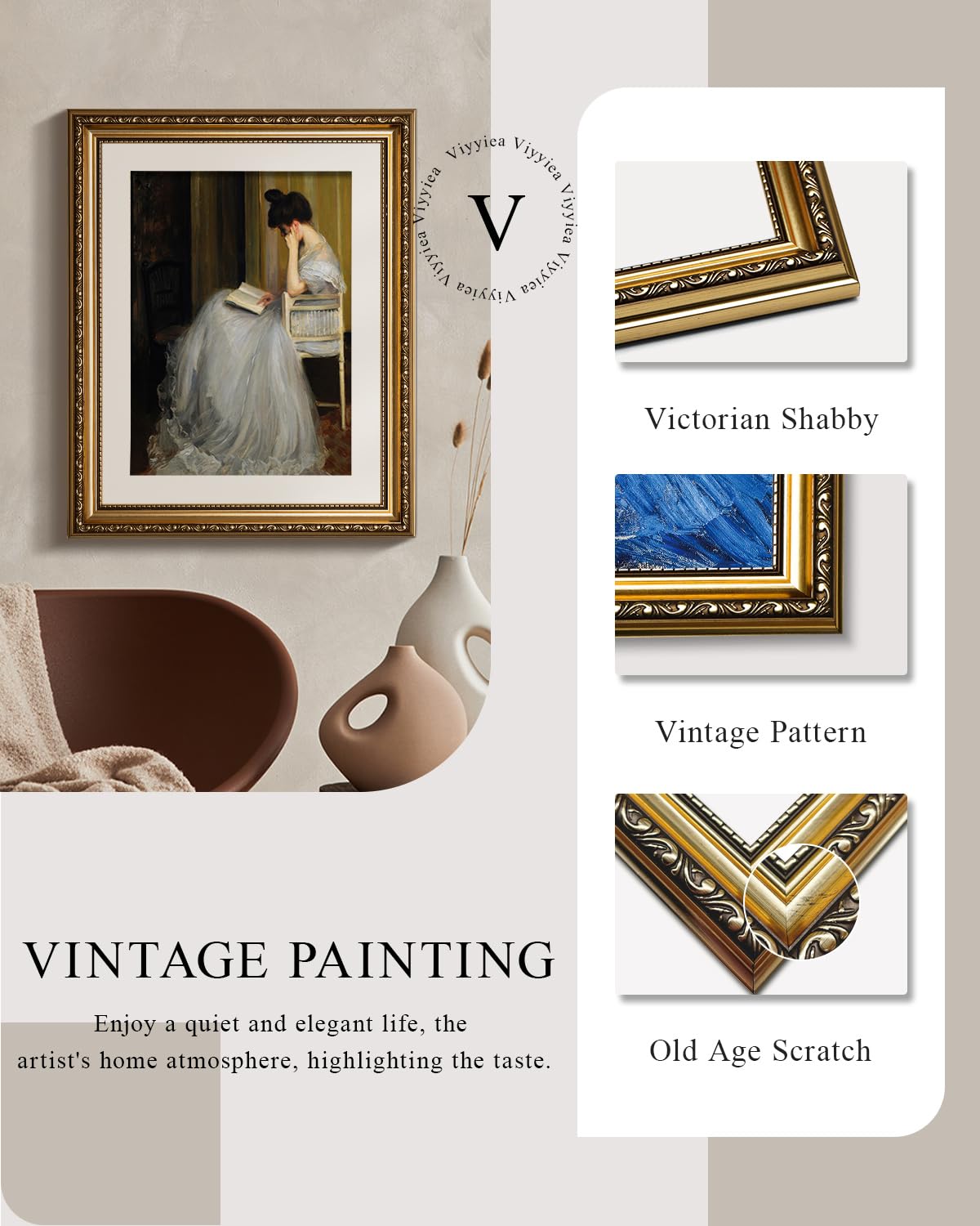 Viyyiea Gold Framed Wall Art Canvas Print Home Decor For Living Room Women Reading Pictures For Bedroom Bathroom Wall Decor Wome