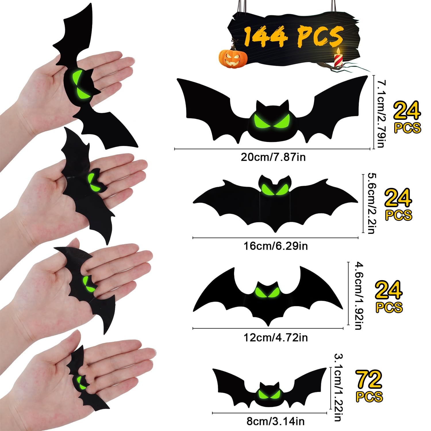 Fopinoa 3D Halloween Bats, 144 Pcs Bats Halloween Decor 4 Size Glow Bats Decorations Sticker Decals For Halloween Home Room Wall