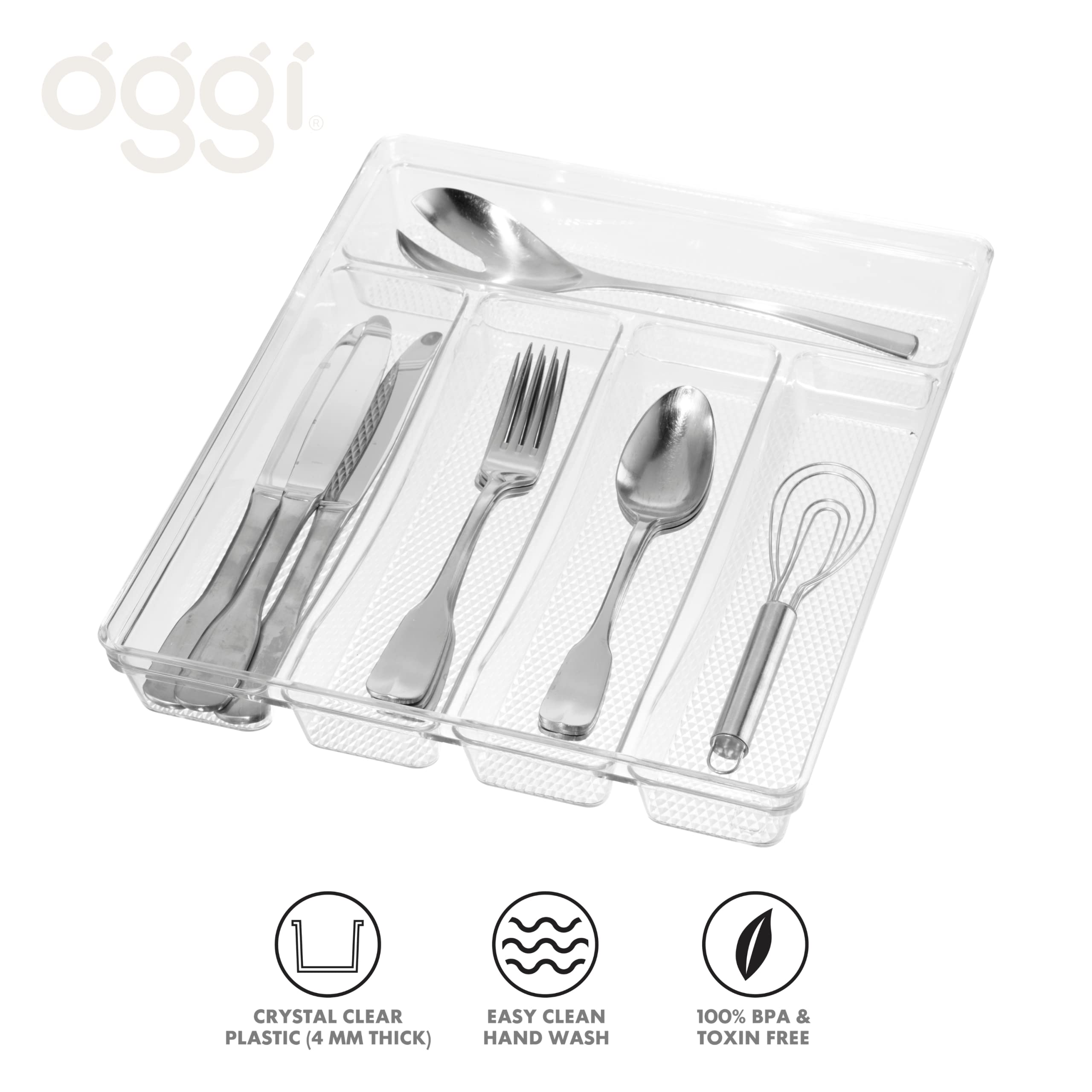 Oggi Silverware Organizer, 5-Compartment, Clear