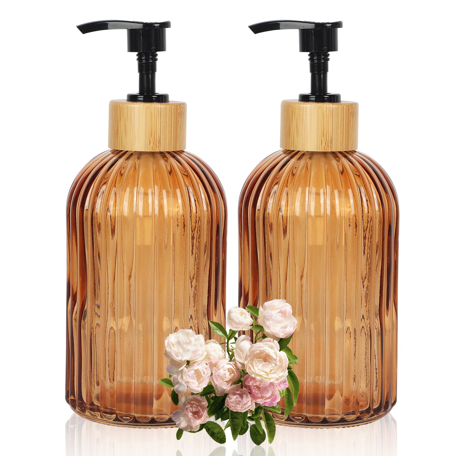 Ulable Amber Glass Soap Dispenser With Pump, 2 Pack 13.5Oz Vertical Stripe Design Hand Soap Dispenser For Hand Wash, Dish Wash,