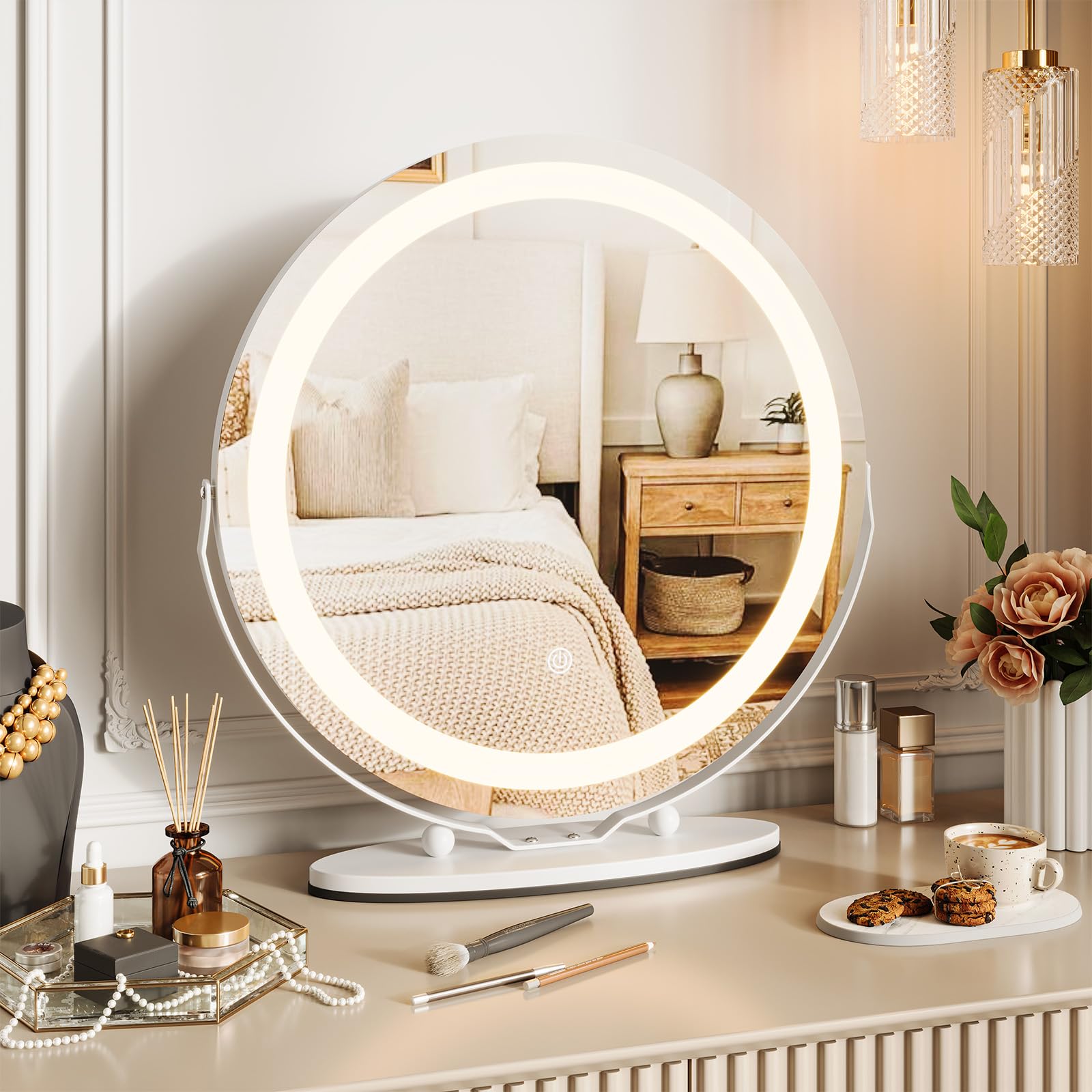 19 Round Vanity Mirror With Lights, Large Makeup Mirror With 3 Color Lighting Dimmable, Smart Touch Control, 360Rotation Vanity