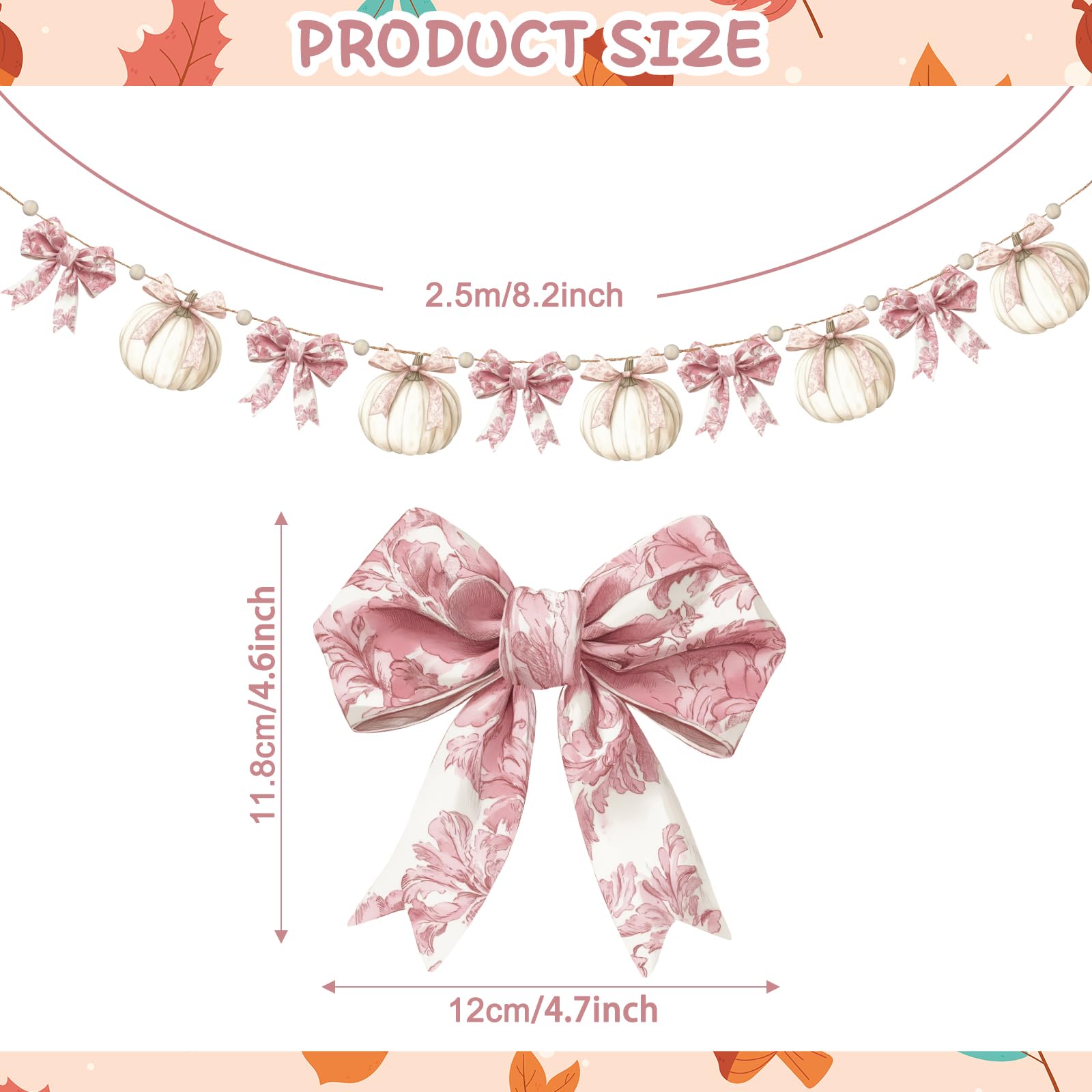 Cinnvoice 8.2 ft Fall Decorations Wooden Bow Pumpkin Garland Pink Bow Banner Thanksgiving Fall Banner Rustic Farmhouse Wood Bead