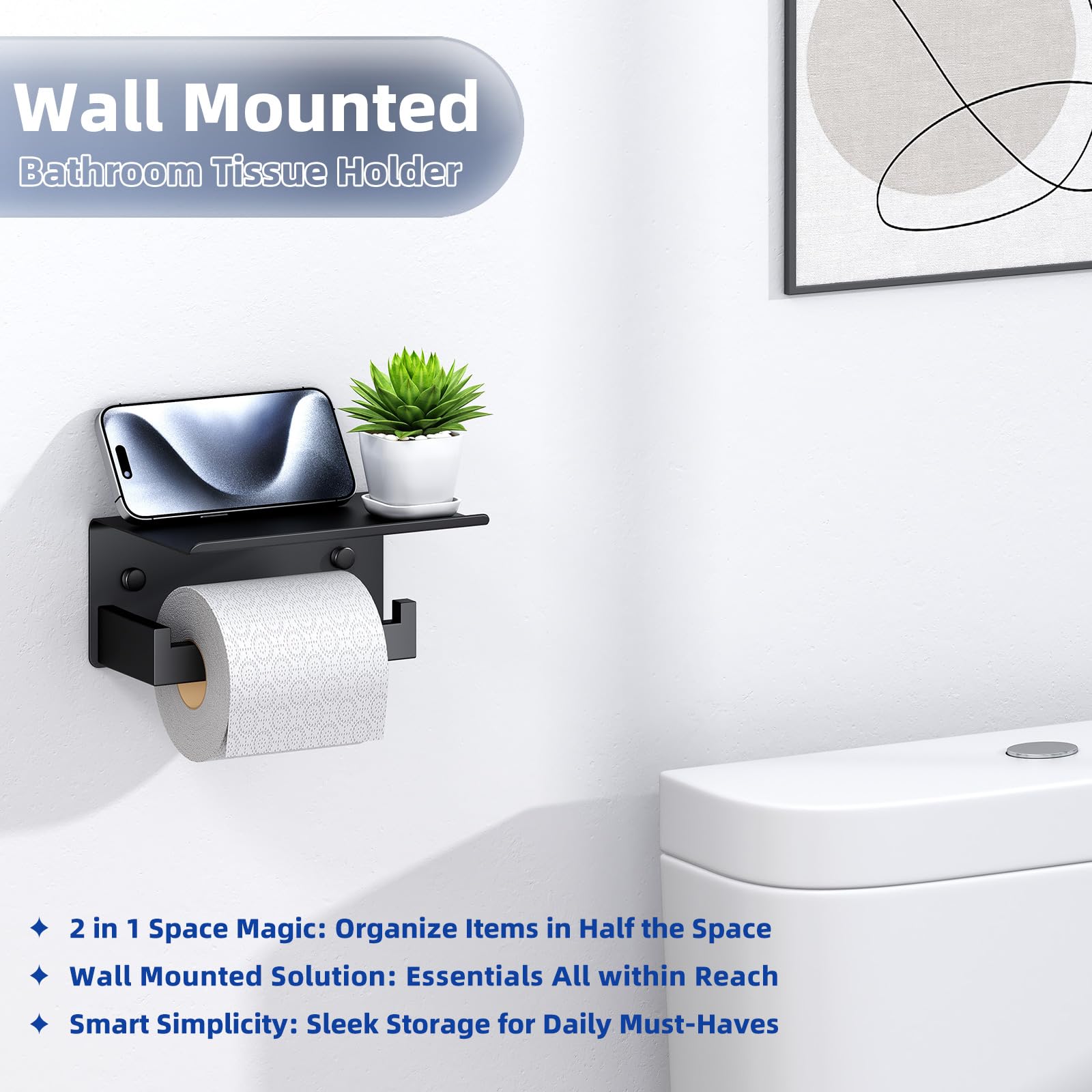 Toilet Paper Holder with Shelf Matte Black  APLusee Bathroom Accessories Decor SUS 304 Stainless Steel Modern Paper Towel Holder Plus Cell Phone Wall Storage