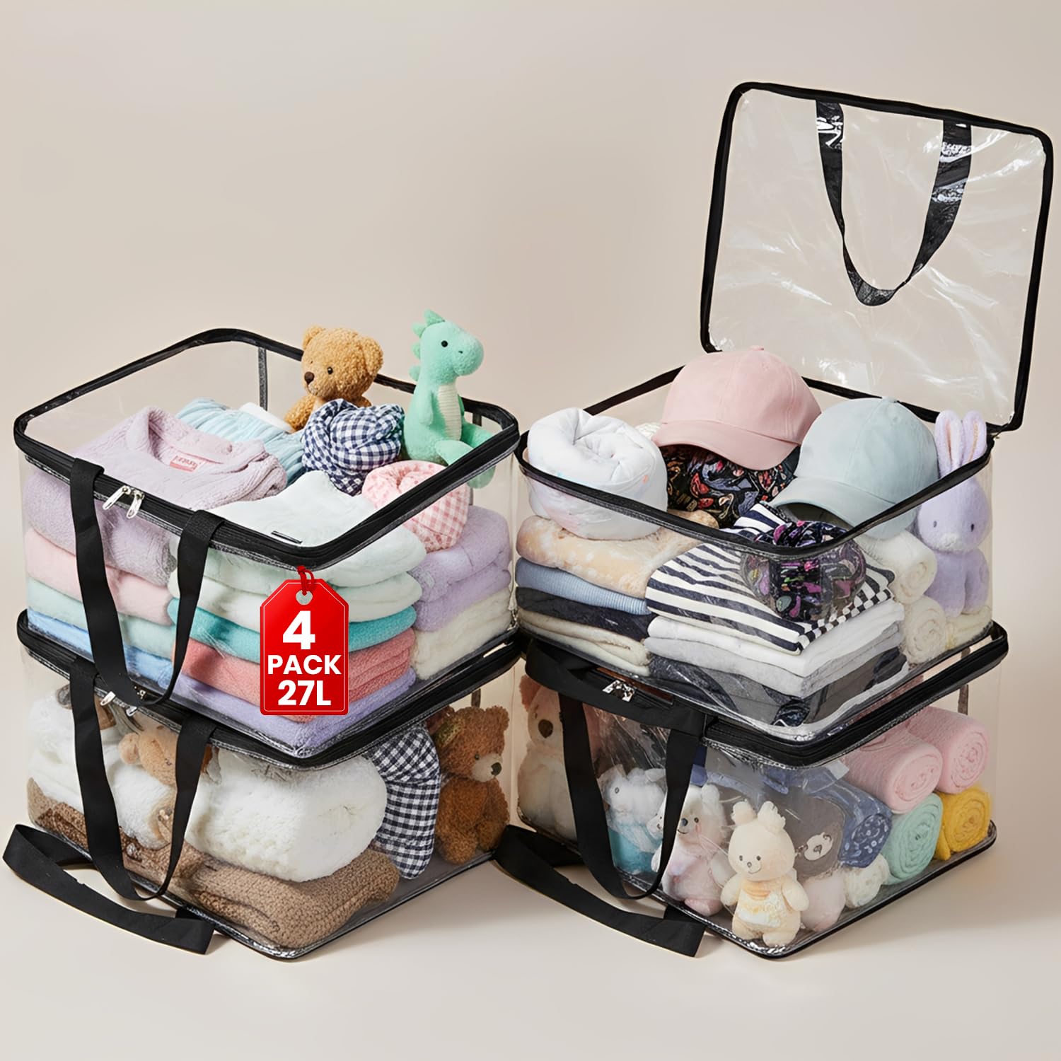 Jd Fresh 4 Pcs 27L Transparent Plastic Storage Bags For Clothes With Zipper & Handles/Foldable Saree Covers/Pvc Wardrobe Organiz