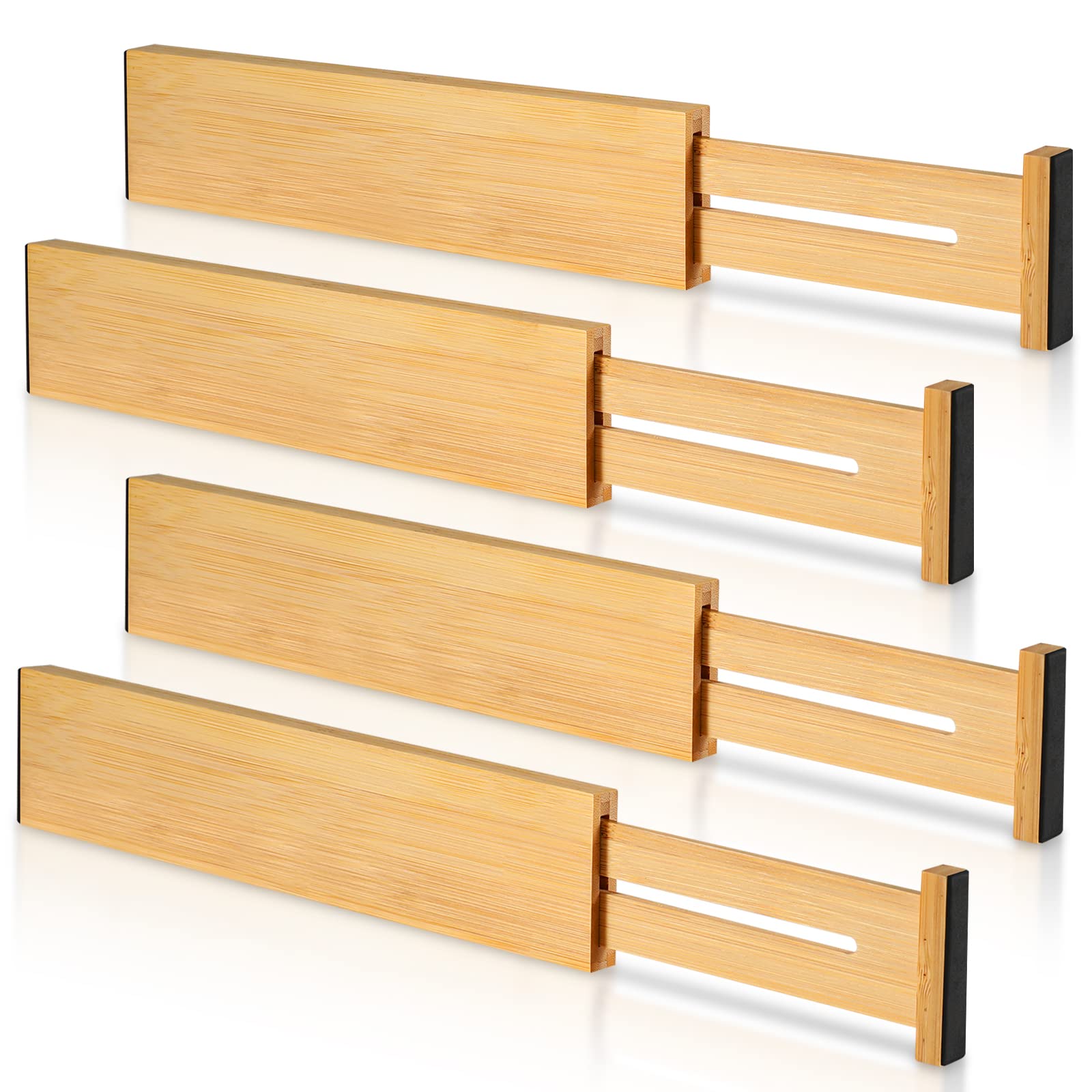 4 Pack Bamboo Drawer Dividers, Adjustable Length from 12 Inch to 17 Inch, Expandable Kitchen Drawer Organizer, Drawer Organizati