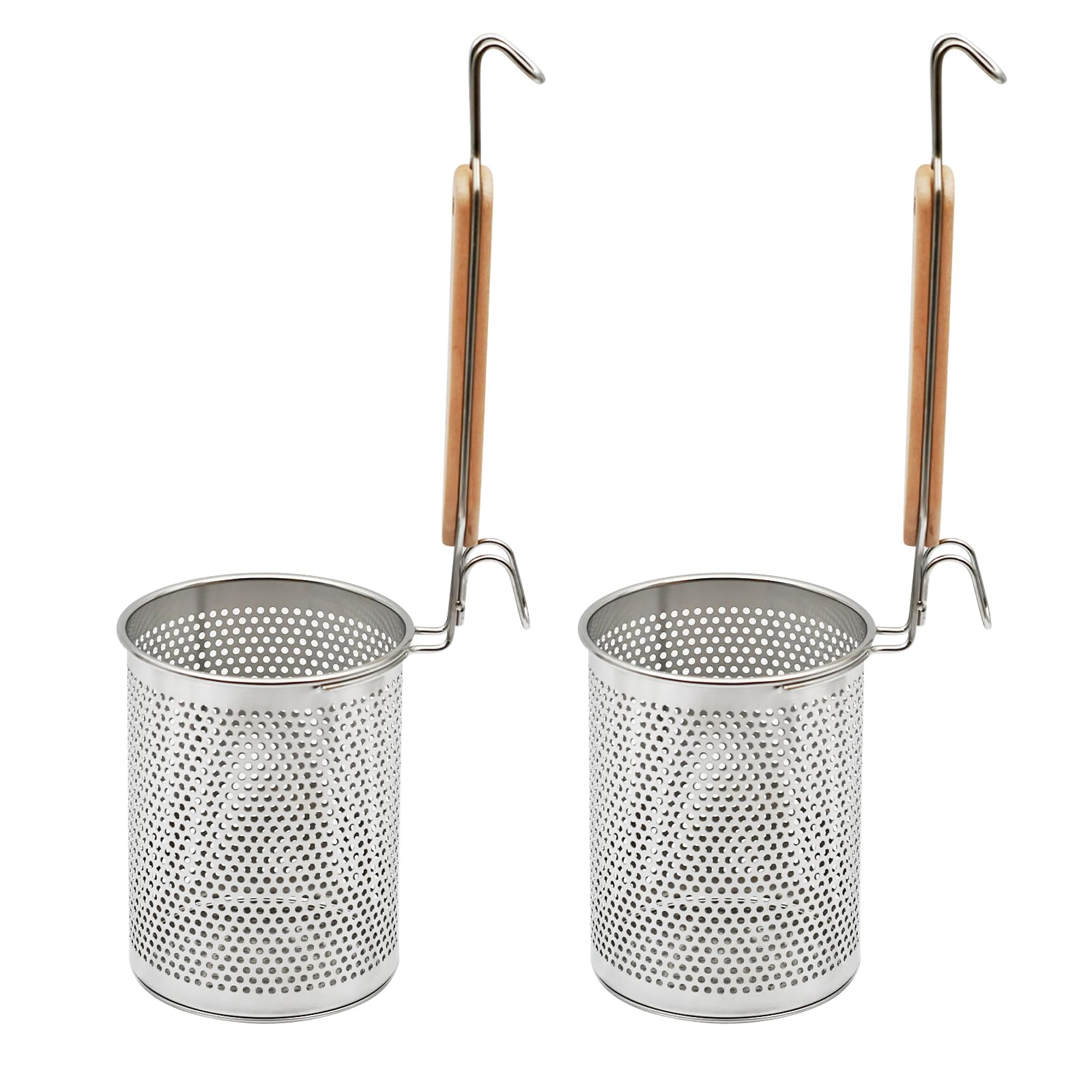 Stainless Steel Pasta Strainer, 2pcs Micro-Perforated Food Dumpling Noodle Strainer with Wood Handle Straining Noodles Pasta Bas