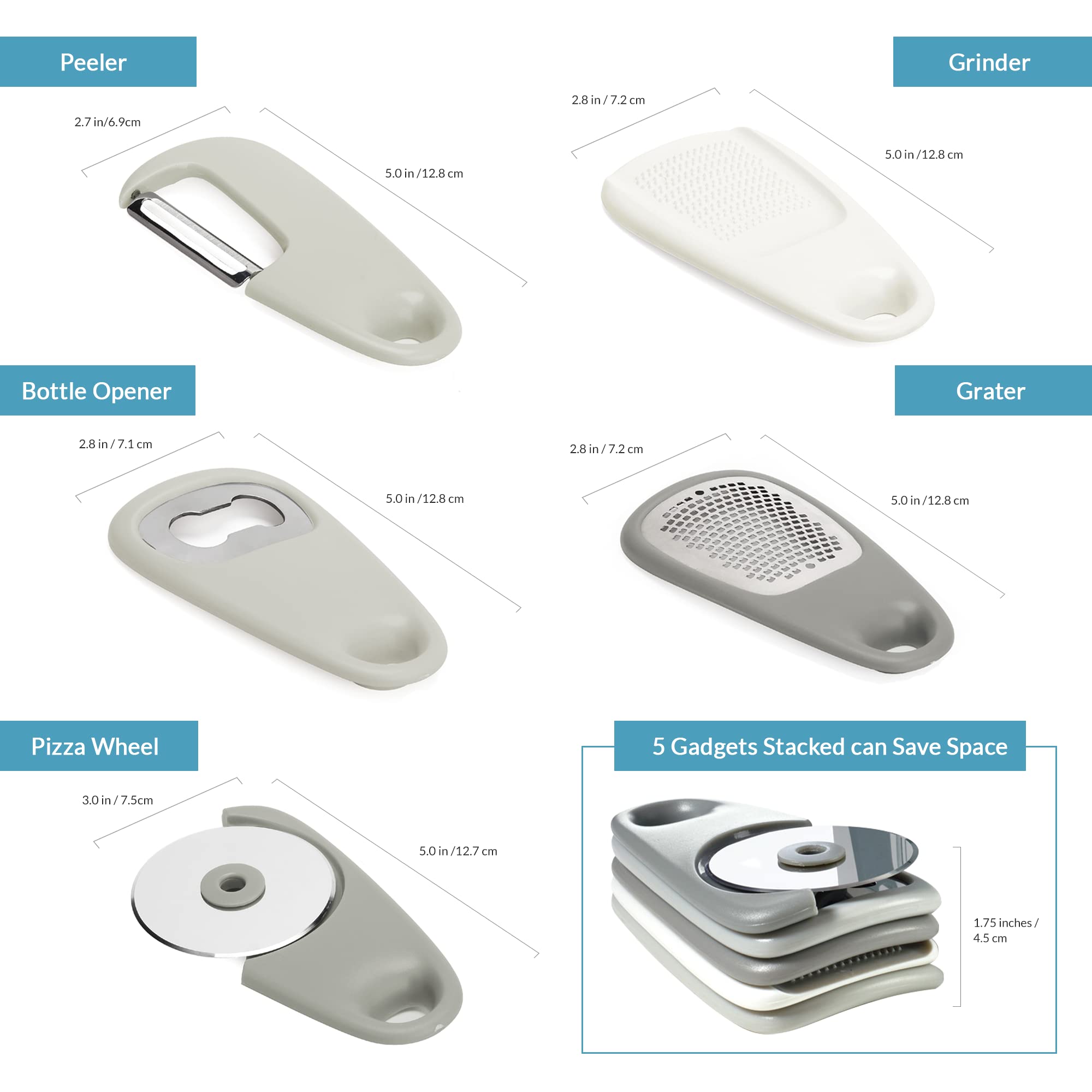 PortoFino Kitchen Gadgets Set - 5 Stainless Steel RV Accessories, Grey & White, Dishwasher Safe, Ideal Camper Gifts