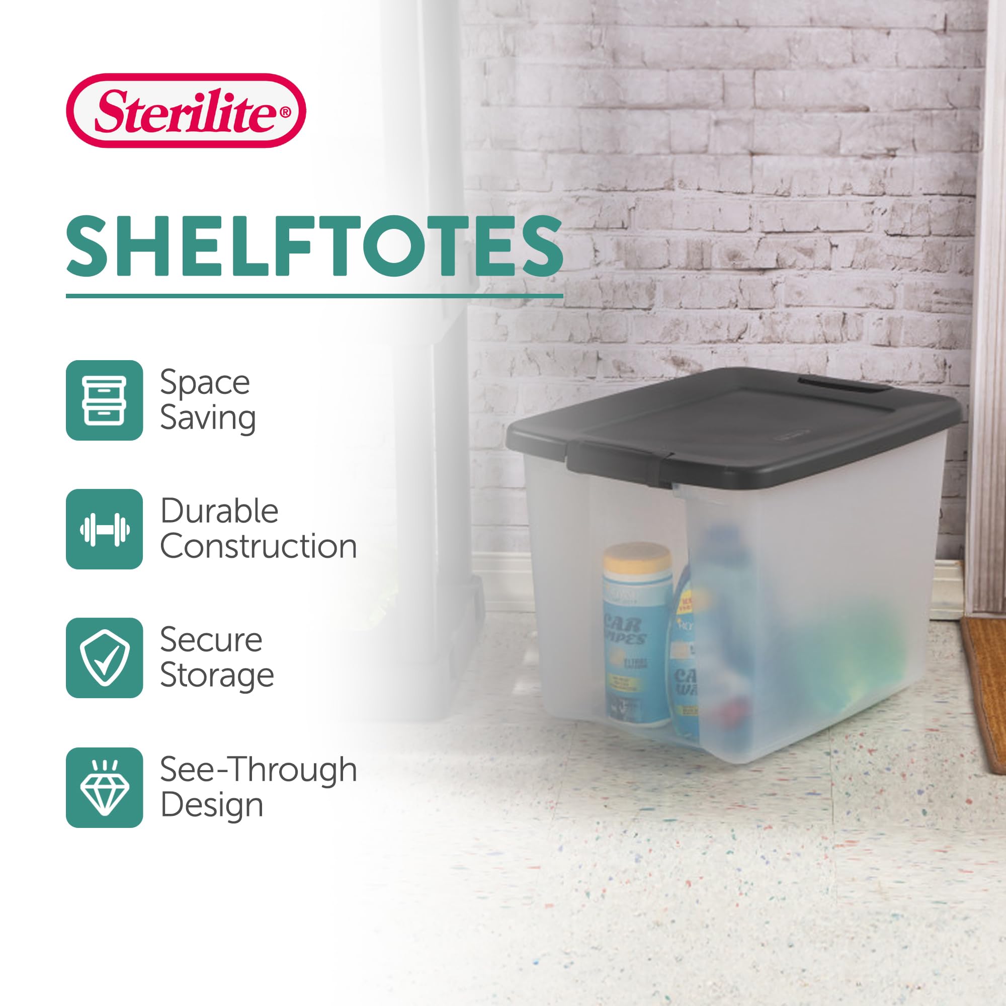 Sterilite 50 Qt ShelfTote  Stackable Storage Bin with Latching Lid  Plastic Container to Organize Closet Shelves  Clear Base and Gray Lid  6-Pack