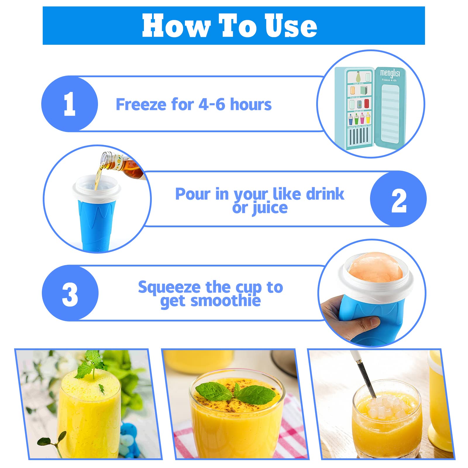 Qwayhome 2Pc Slushie Maker Cup,Diy Frozen Magic Slushy Cup,Double Layers Silica Smoothie Pinch Ice Cup,Quick Cooling Cup Homemad