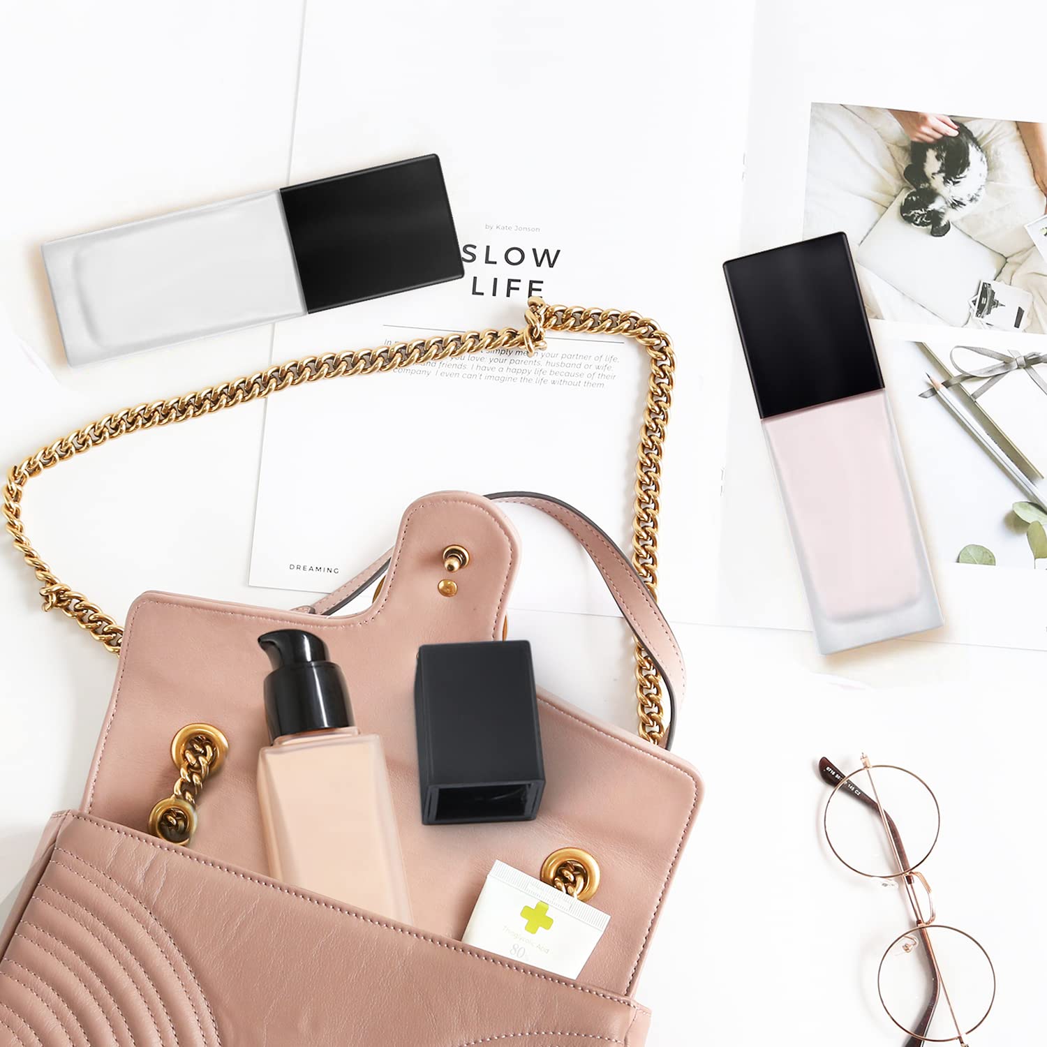 6 Pieces 30Ml/1Oz Frosted Glass Foundation Bottles Square Lotion Dispenser Container Empty Cosmetic Samples Vials With Press Pum