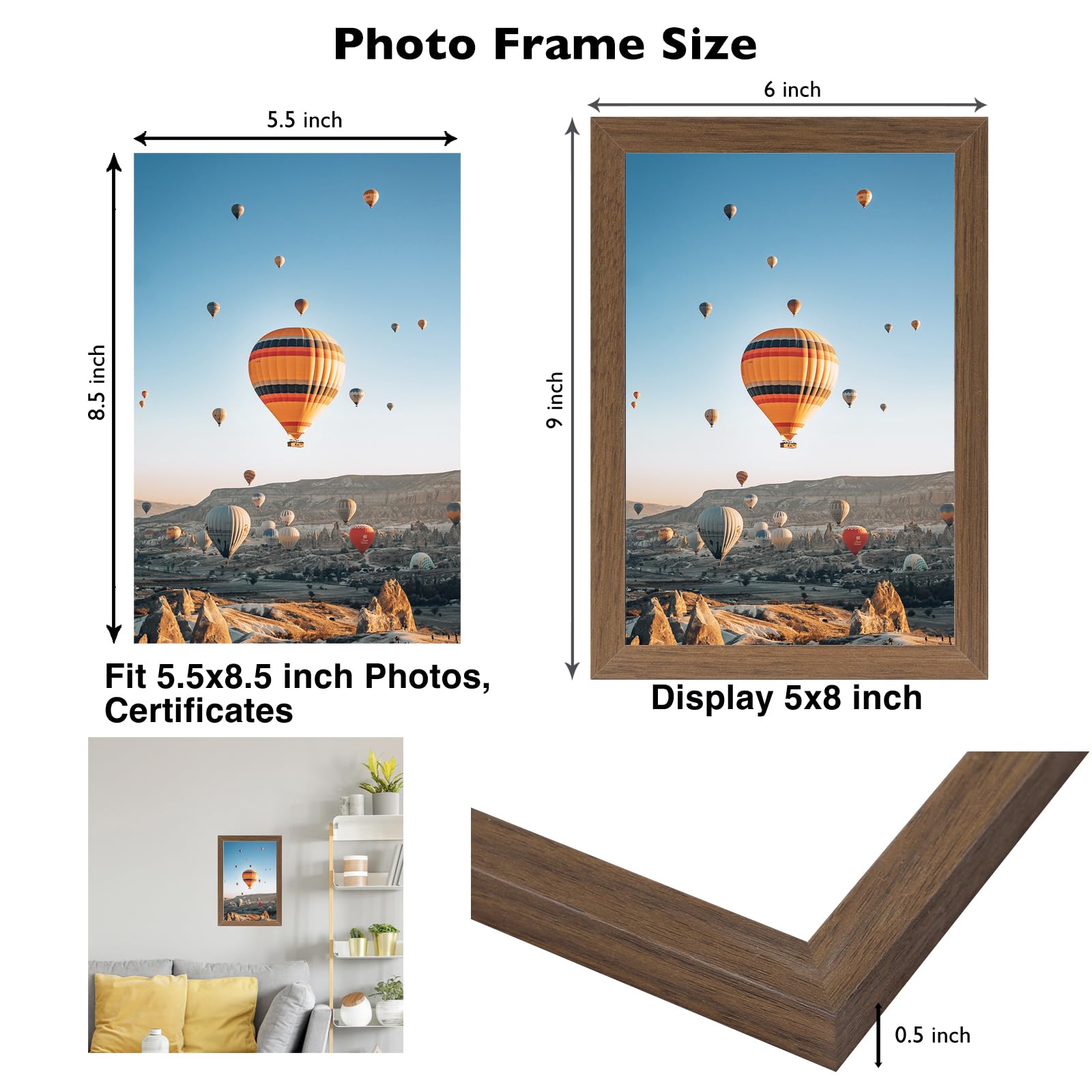 JCJMY 8.5x11 inch Picture Frame Brown for Certificate Poster and Photo, Horizontal and Vertical Formats for Wall Hanging or Tabl