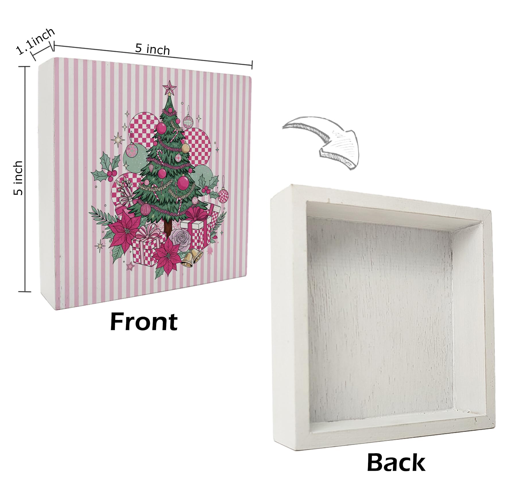 kunlisa Pink Christmas Tree Wooden Sign, Pink Christmas Desk Decor, Preppy Festive Xmas Tree Poinsettias Wood Box Sign for Home