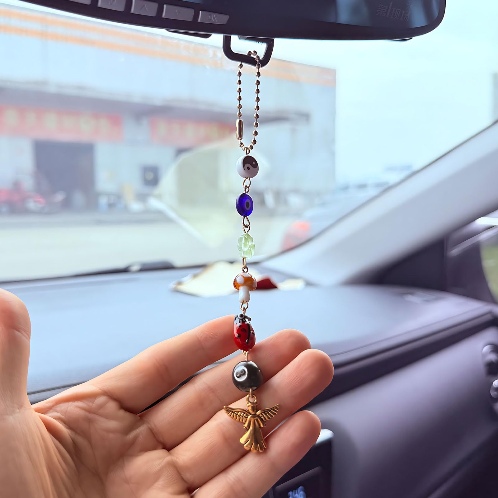 2pcs Car Rear View Mirror Hanging Accessories Cross Angel Evil Eye Charm Ladybug 8 Ball Mushroom Four Leaf Clover Yin Yang Symbo
