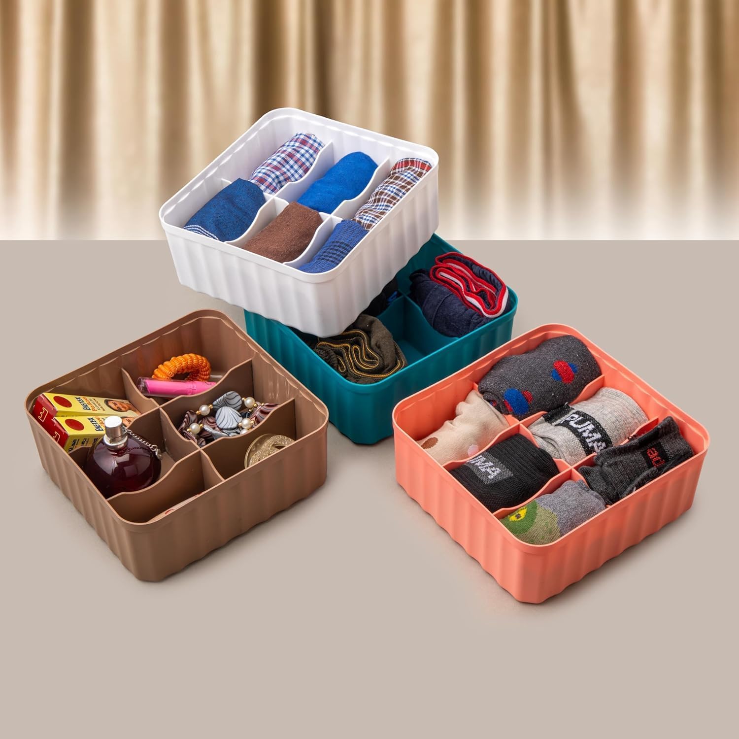 Skdbpm Drawer Organiser Box Set For Socks And Underwear Storage, Wardrobe Clothes Dividers,6 Compartment, Multicolour (Pack Of 2
