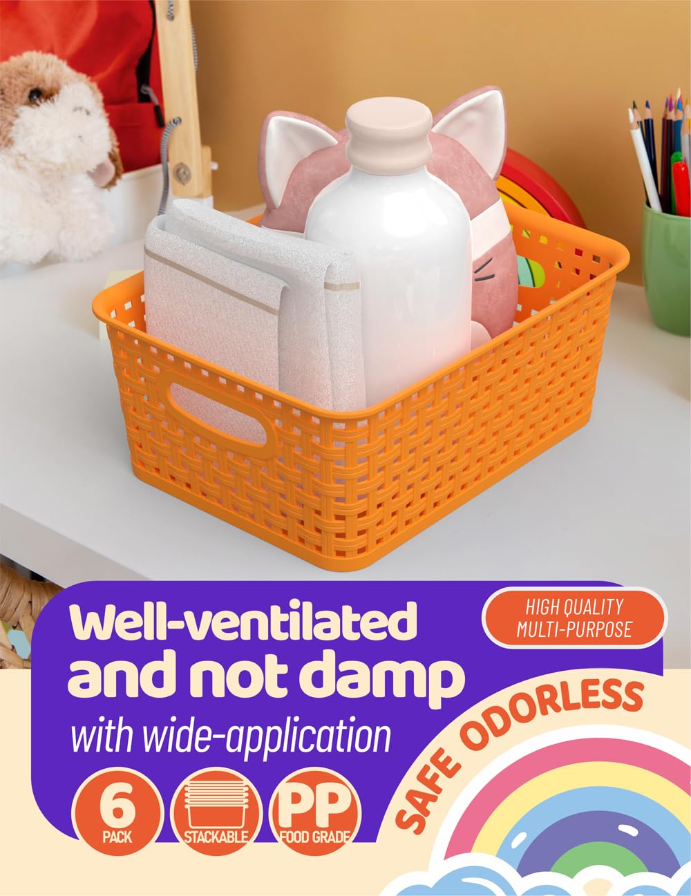 Wyt 6-Pack Plastic Small Shelf Storage Weave Baskets Organizing For Cabinets And Pantries, Orange