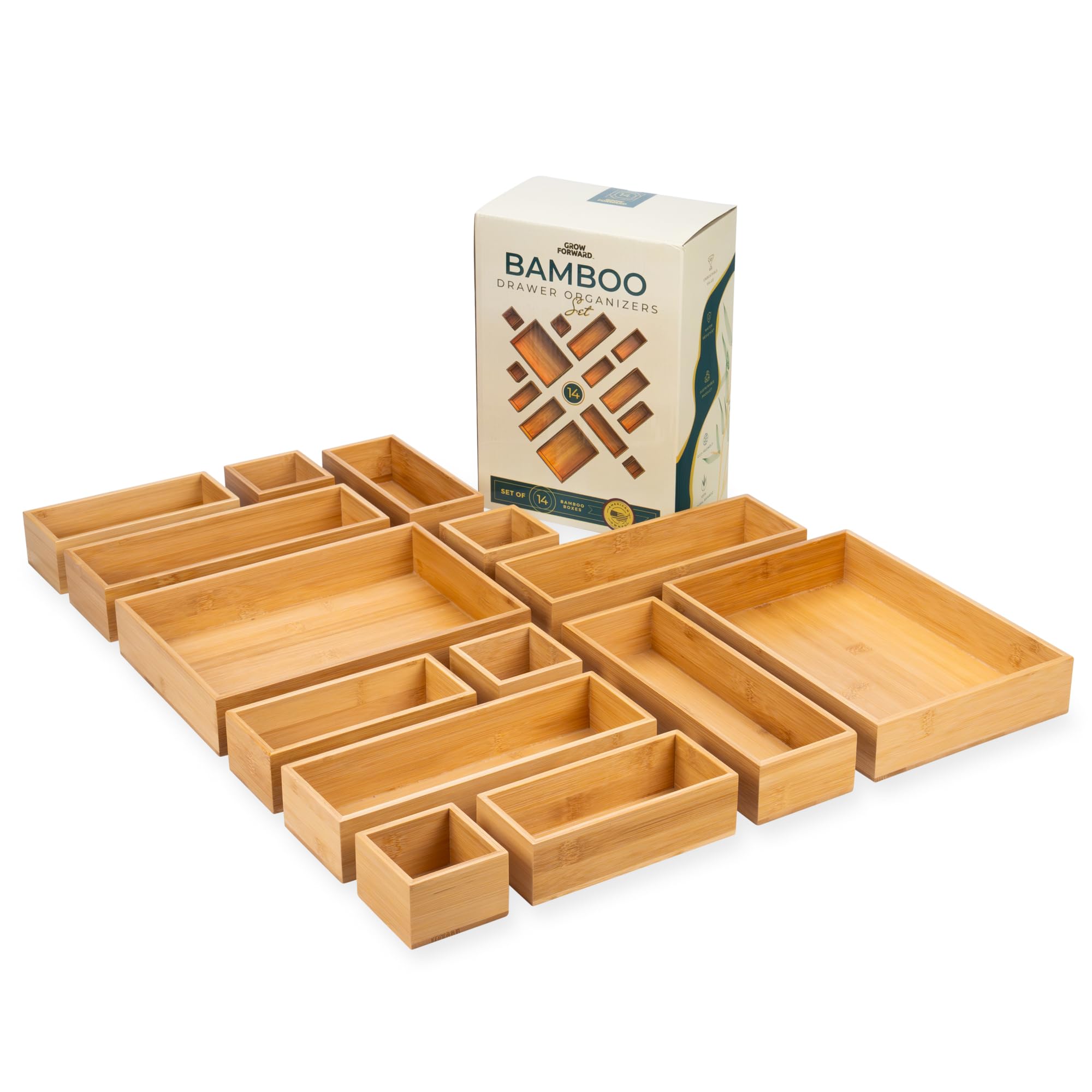 Grow Forward 14-Piece Bamboo Bathroom Drawer Organizer Trays - Wood Junk Drawer Organizers for Kitchen, Office, Vanity, Desk, Ni