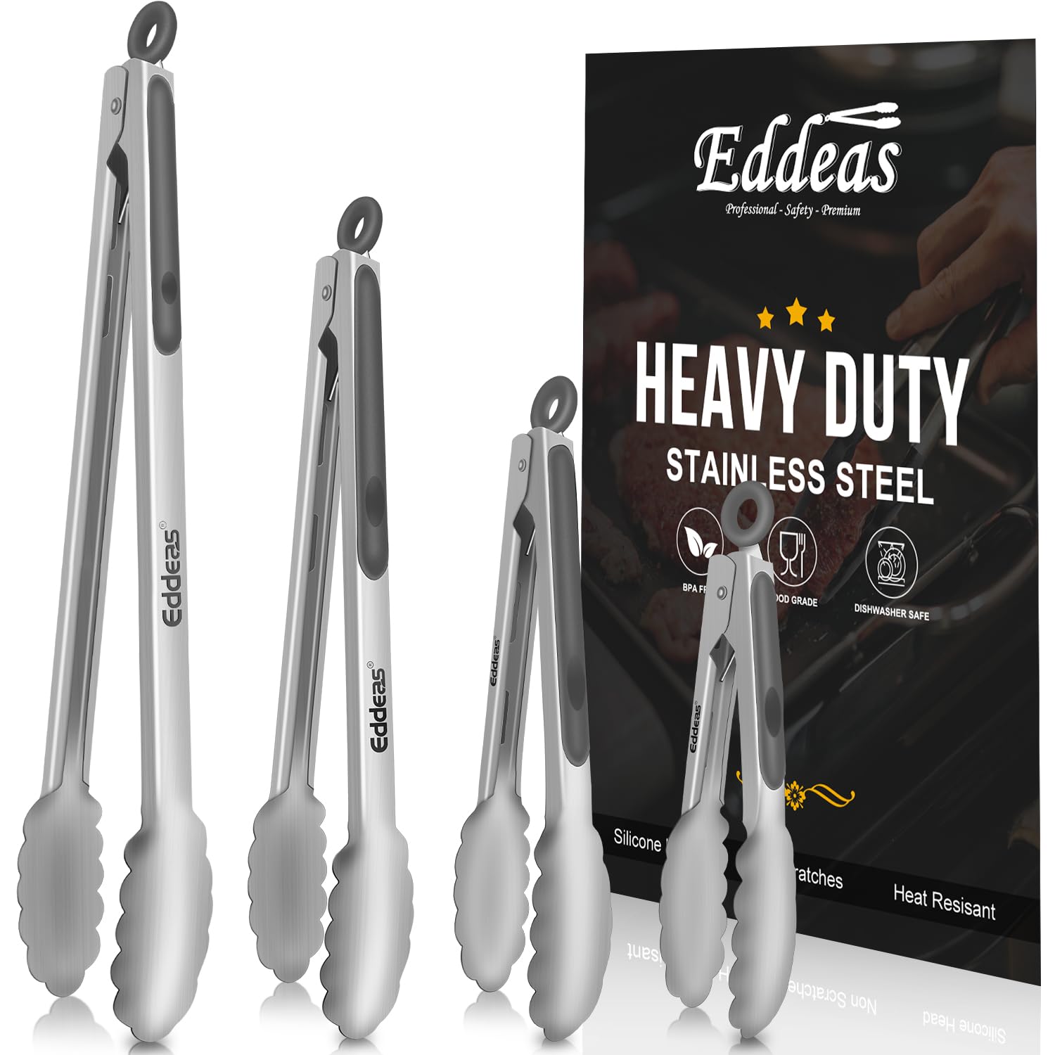 Eddeas Tongs For Cooking - Heat Resistant 600 Degrees Metal Kitchen Tongs, Heavy Duty Stainless Steel Tongs - Perfect For Food,