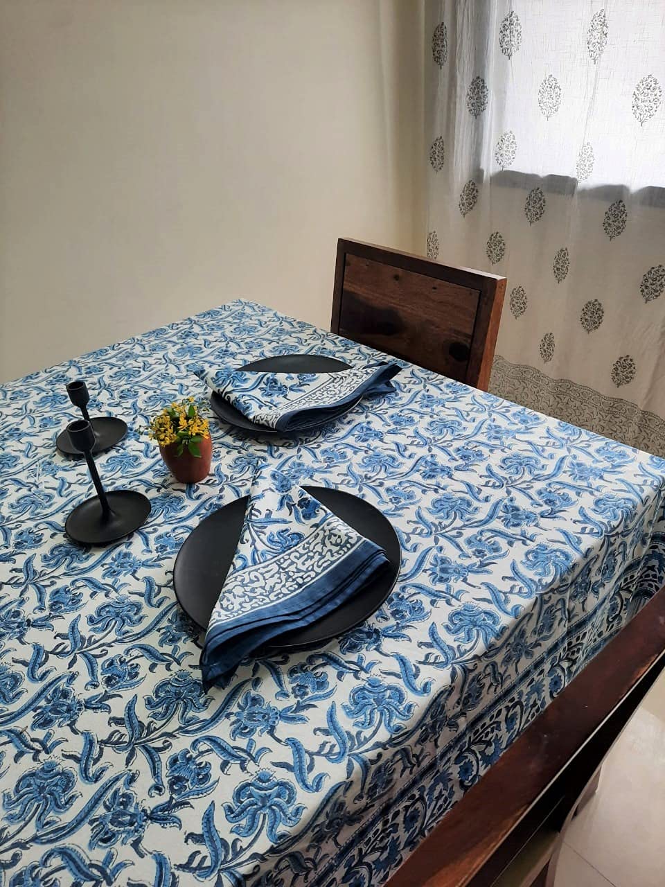 ATOSII Midnight Bloom 100% Cotton Fall Tablecloth, Handblock Print Blue Square Table Cloth for Kitchen Dining Table Linen I Part