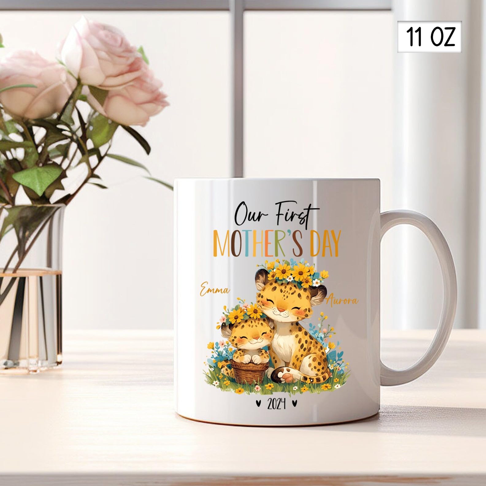 Mugs For New Mummy, Mom And Baby Leopard Coffee Mug, Personalized Leopard Mama & Baby Ceramic Cup, Custom Our First Mothers Day