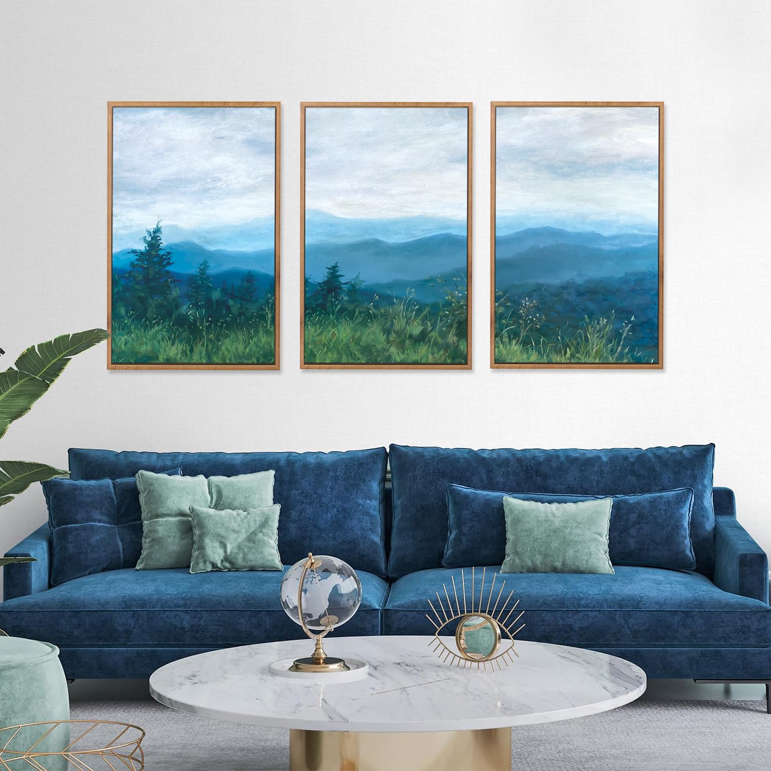 Chditb Boho Blue Mountain Framed Wall Art Paintings(16''X24''), 3 Panels Blue White Sky Ridge Virginia Landscape Watercolor Canv