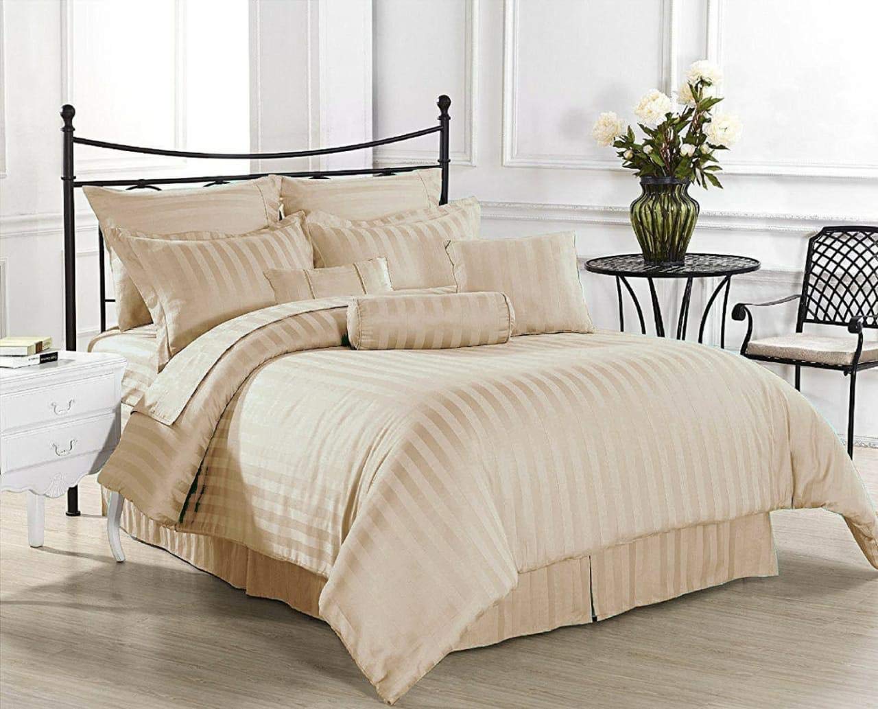 Ab Home Decor Satin Stripes All Around Elastic Fitted Bedsheet King Size Glace Cotton with Two Pillow Covers -90x100 Inch-Cream