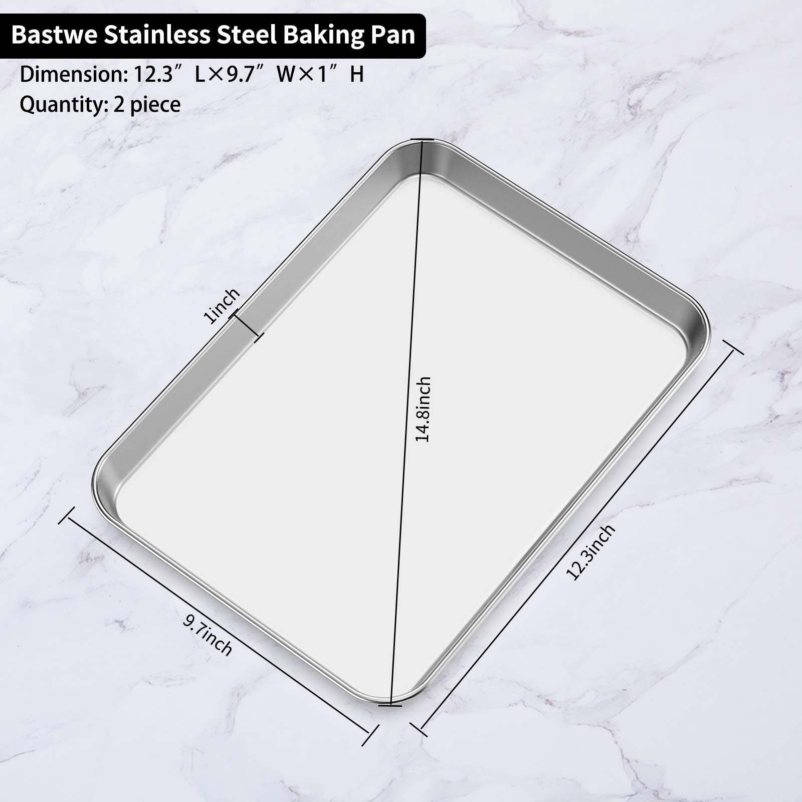 Baking Sheets 2 Pieces, Bastwe Cookie Sheets Set Stainless Steel Baking Pans Toaster Oven Tray Pans, Rectangle Size 12 A 10 A 1