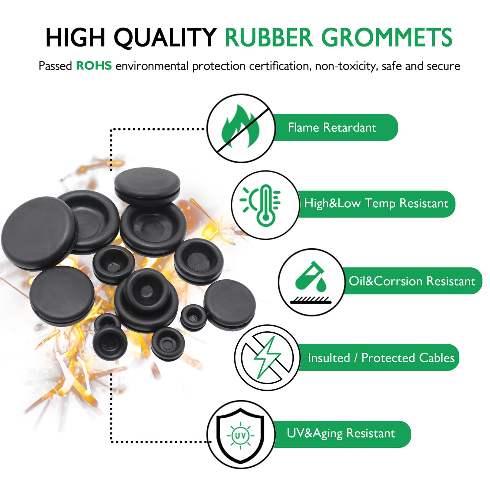 EASYEAH Rubber Grommet Kit - 170 PCS Electrical Wire Gasket Set, Black, Assorted Sizes 1/4" to 1" for Firewall Hole Plugs