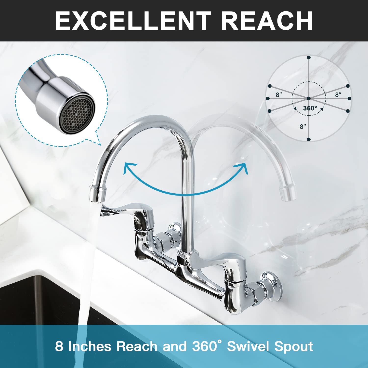 Favorpo Commercial Wall Mount Sink Faucet 8 Inches Center Wall Mounted Kitchen Faucet with 8 Inches Swivel Spout  2 Handle Wall-Mount Faucet for Utility Laundry Room Restaurant Sink