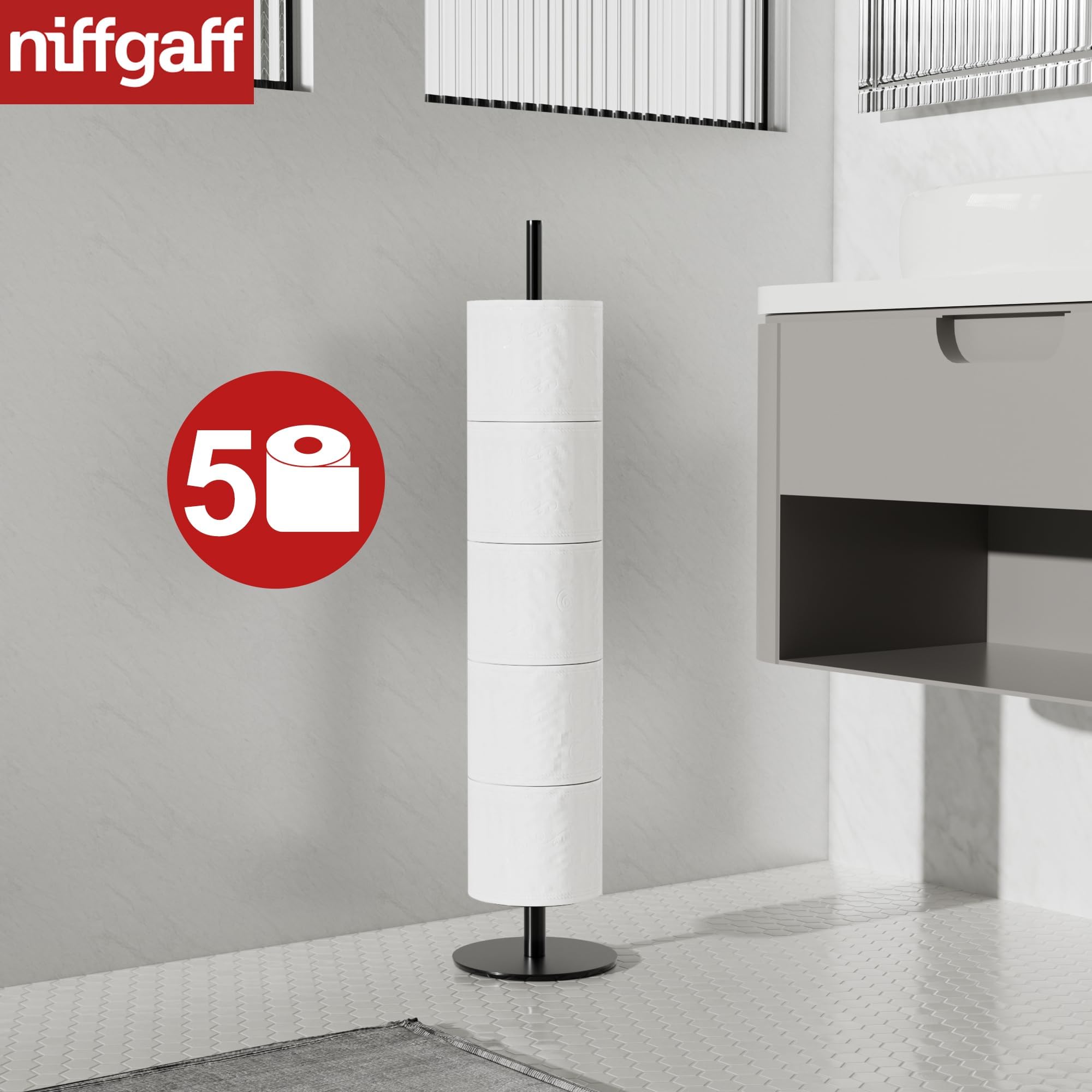 Niffgaff Stainless Steel Freestanding Toilet Paper Holder Stand, Matte Black, Holds 5 Rolls, Model a16b02