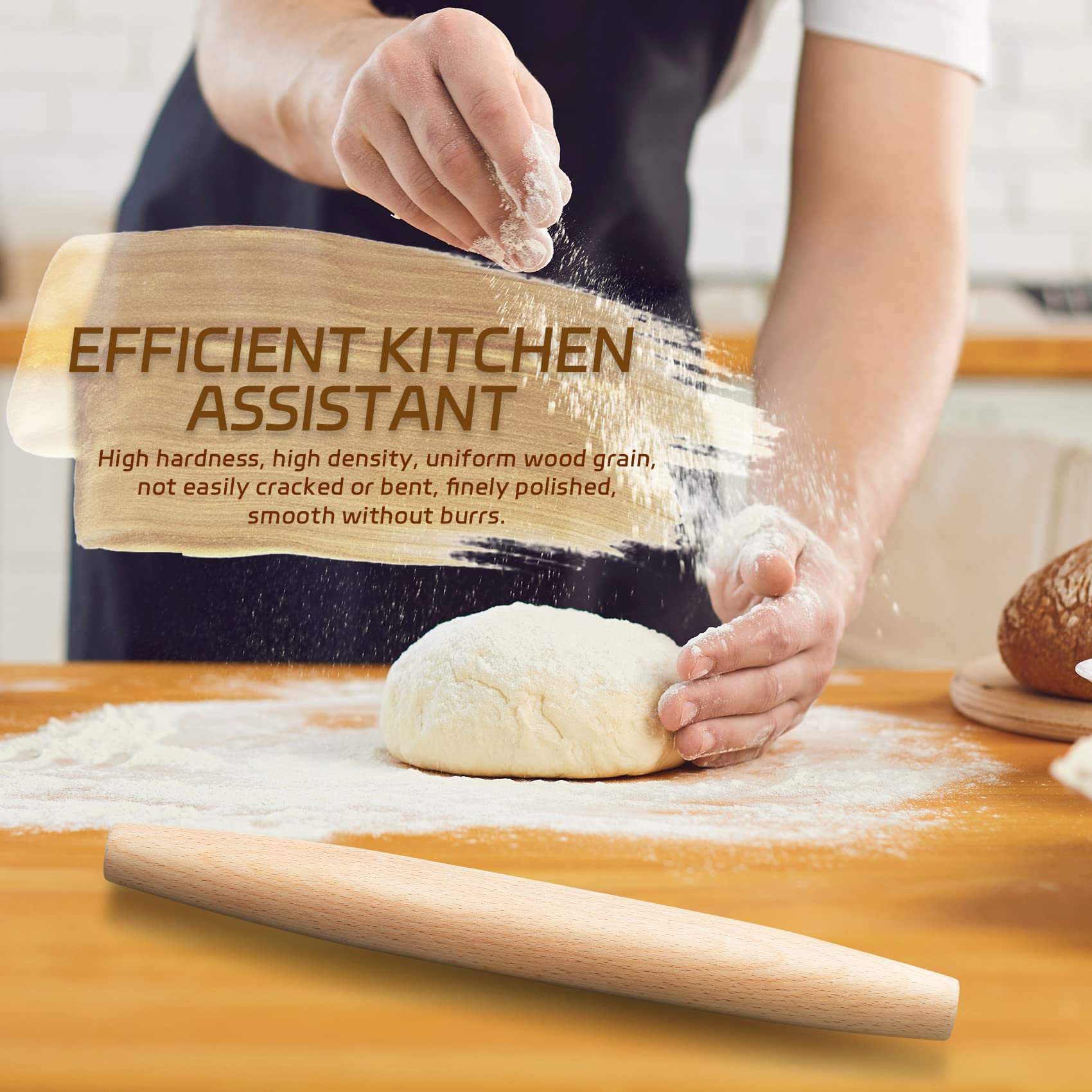 Classic French Rolling Pin For Baking - Beech Wood Tapered Rolling Pin Dough Roller For Pizza Dough, Pie Crust Cookie Fondant Du