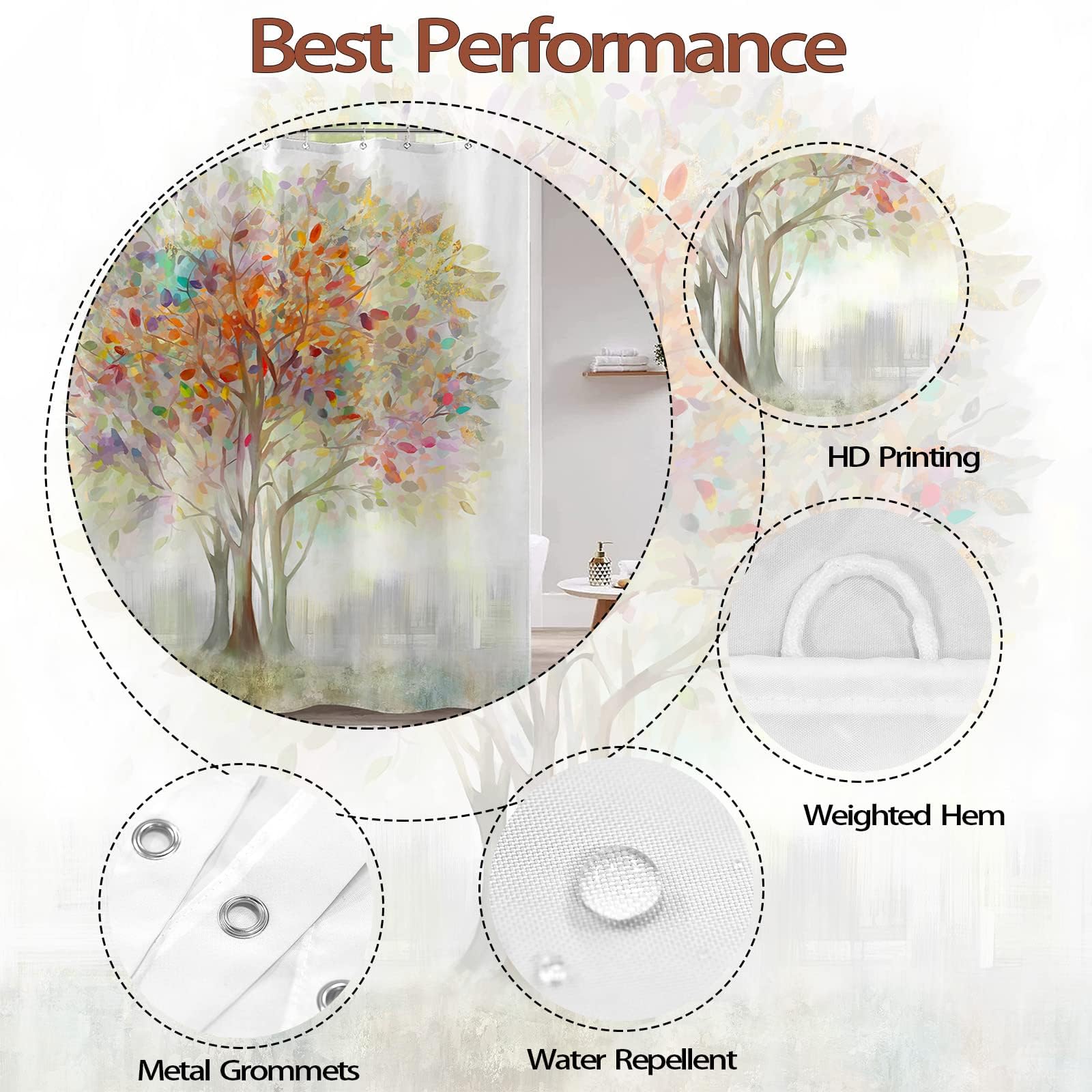 Kanuyee Colorful Tree Shower Curtain Shower Fabric Shower Curtain Flowers Shower Curtain Cloth Fabric Bathroom Decor Set With 12